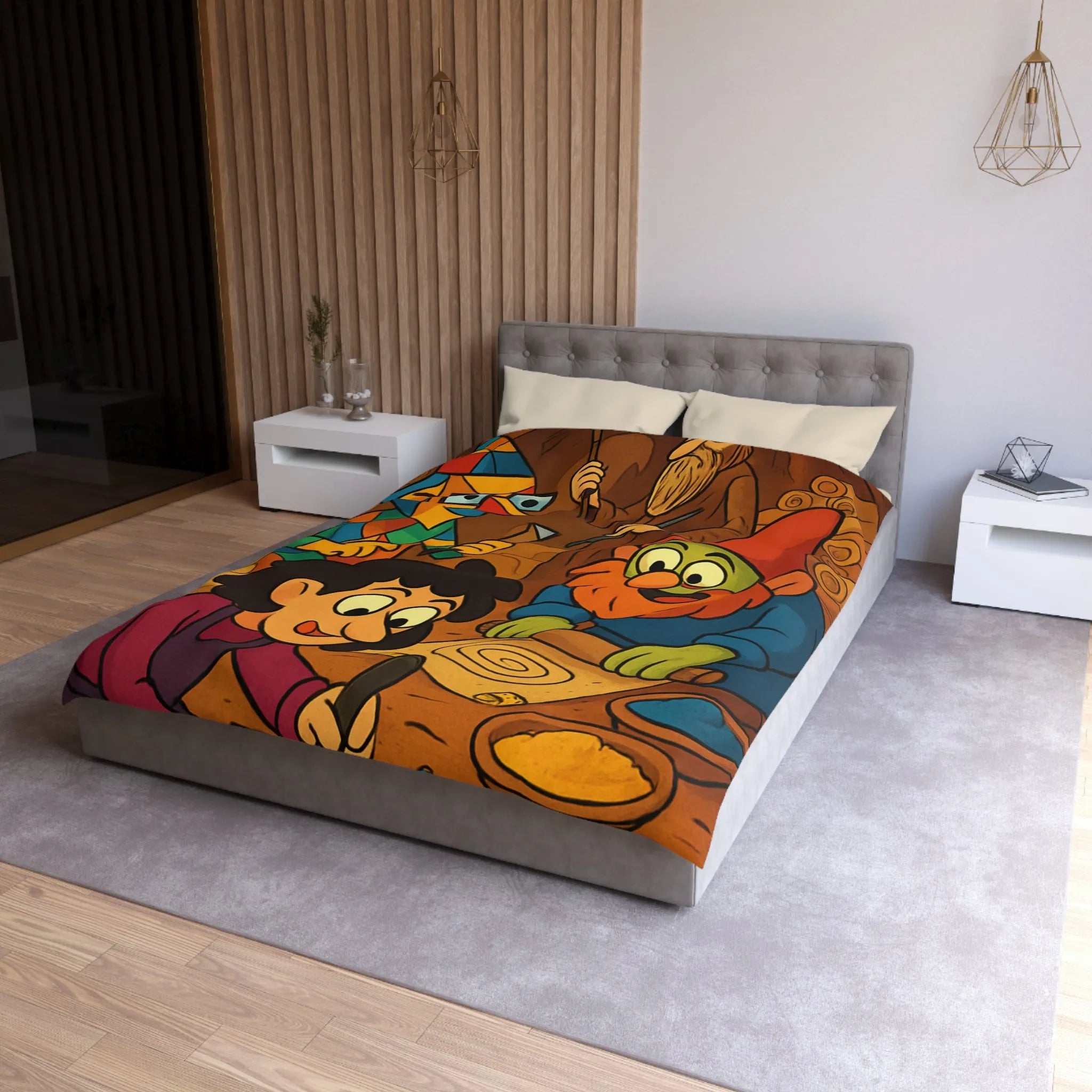 Housse de couette illustrée ambiance atelier fantasy avec gnomes et textures chaleureuses colorées