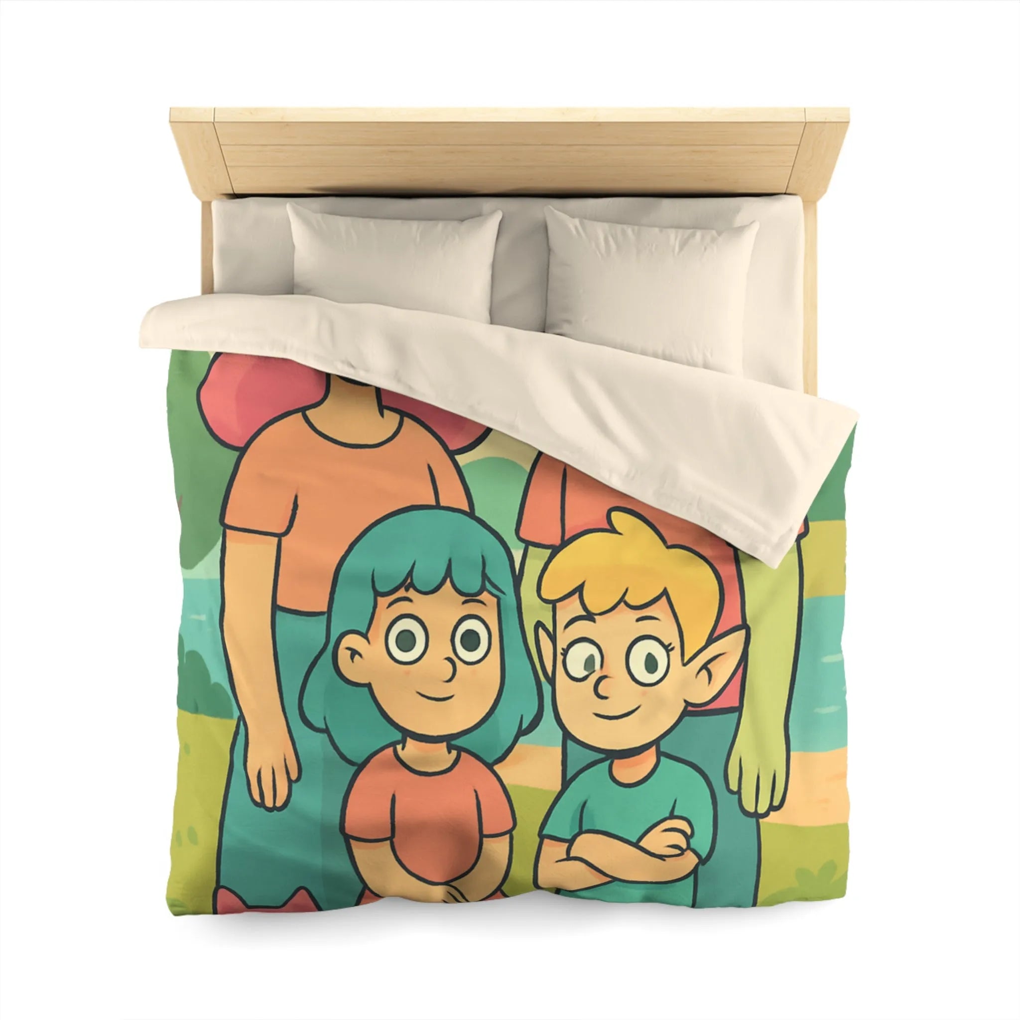 Housse de couette chaleureuse illustrant une famille enchantée et ses animaux compagnons ludiques
