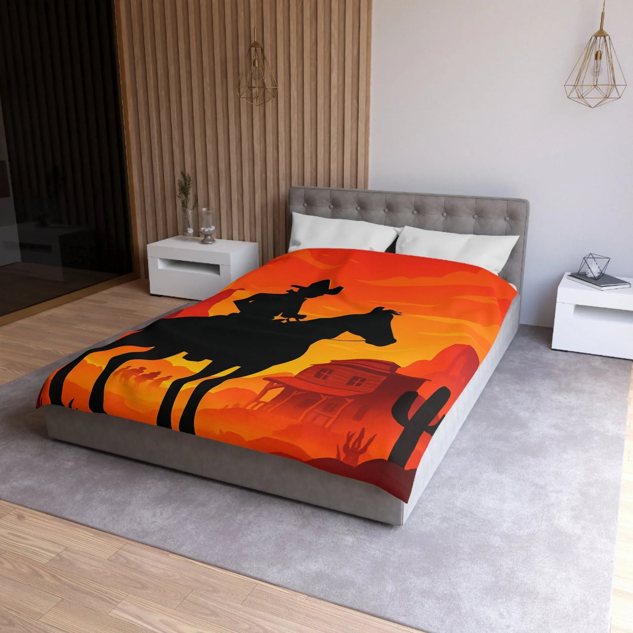 Housse de couette Far West cavalier cheval silhouette coucher de soleil scène désertique