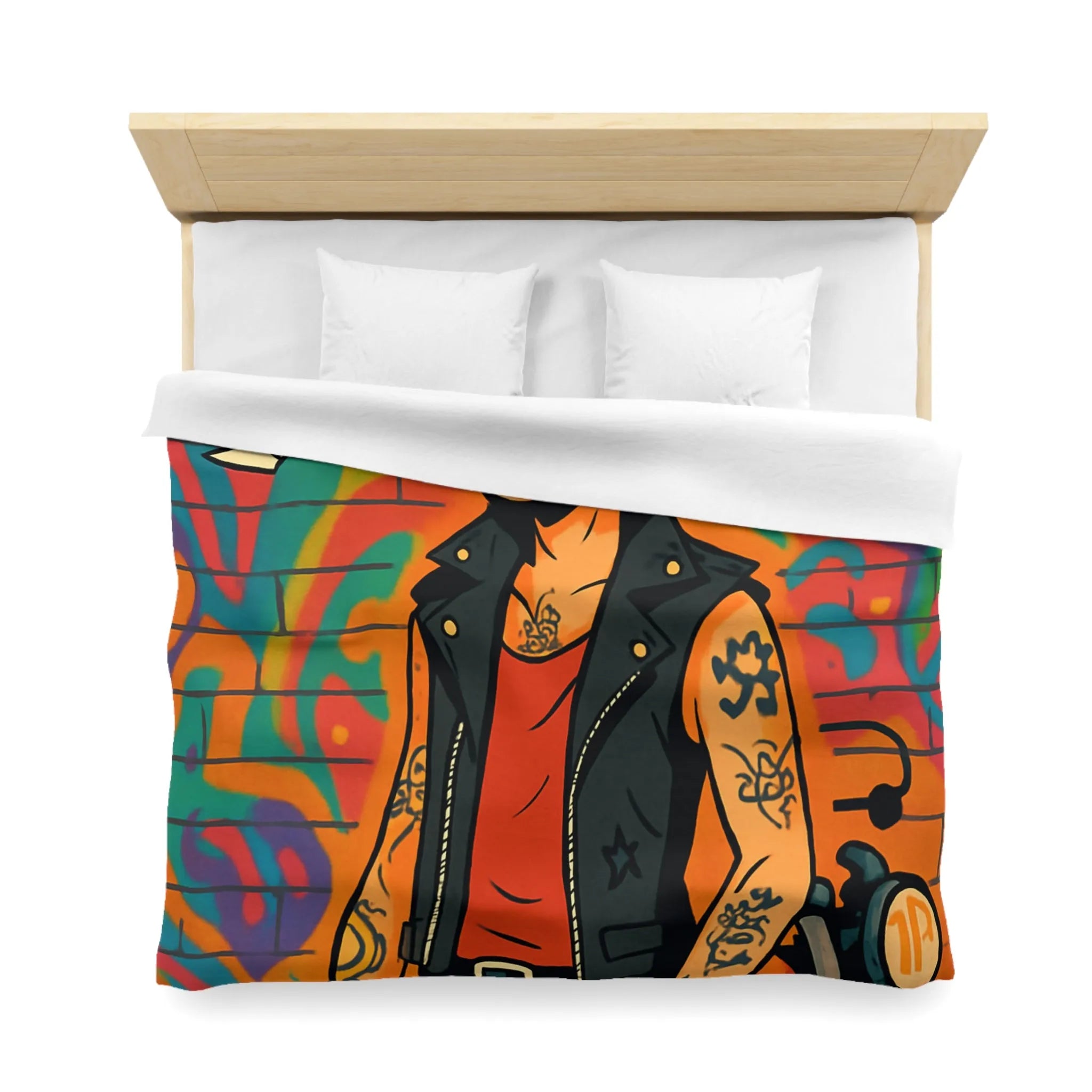 Housse de couette avec imprimé punk, moto et graffitis, ambiance urbaine colorée