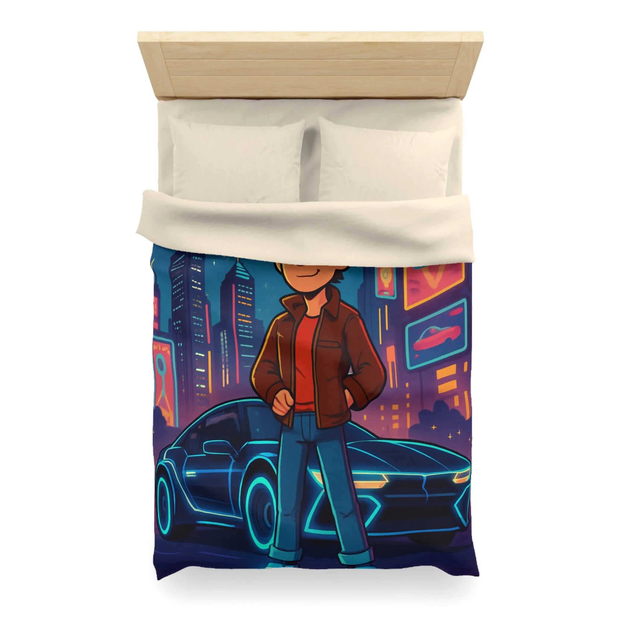Housse de Couette Future Enfant Ville Nocturne Néons Jeune Garçon et Voiture