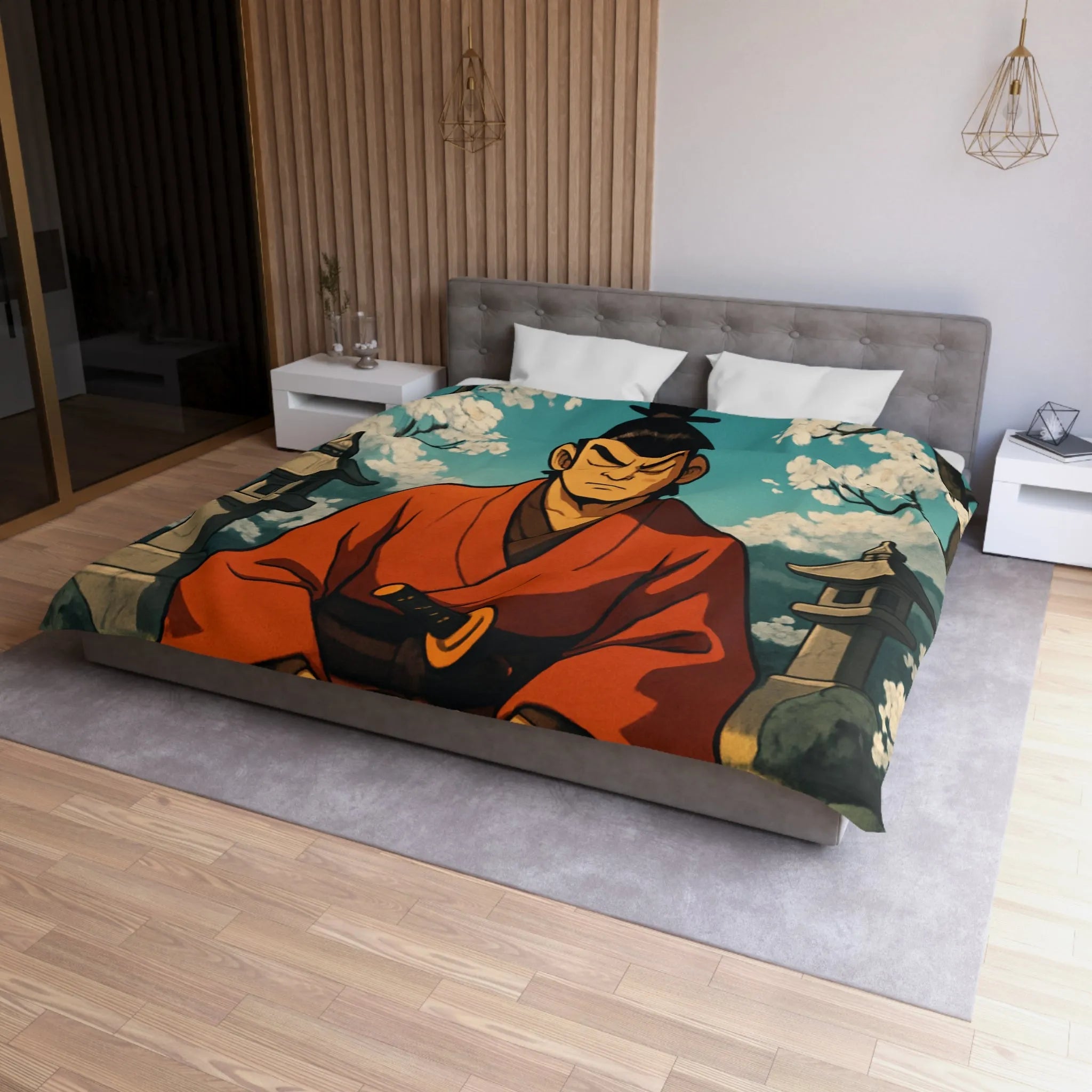 Housse de couette avec design de méditation sereine sous cerisiers en fleurs