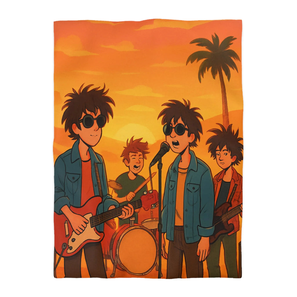 Housse de couette ensoleillée avec musiciens, ambiance rétro pour chambres modernes et vintage
