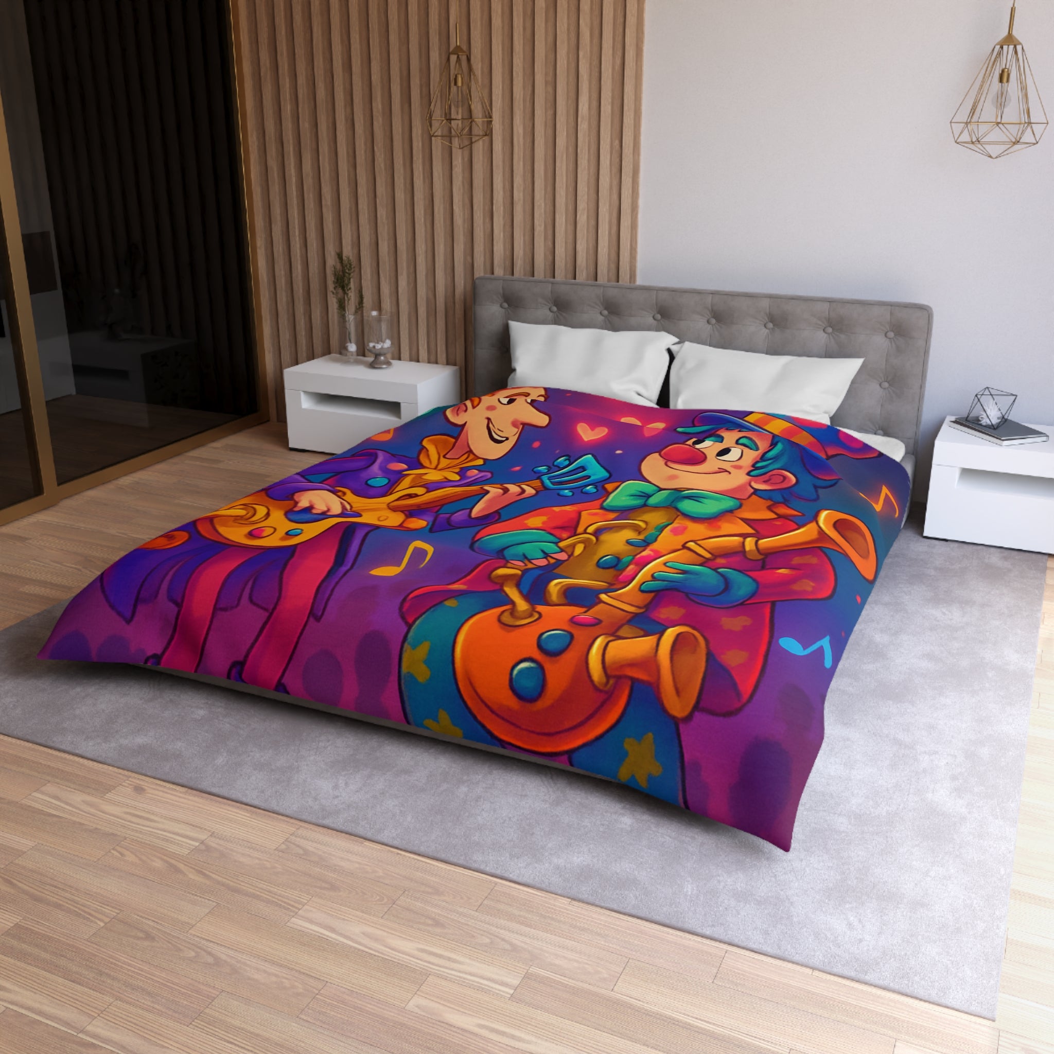 Housse de couette colorée avec musiciens joyeux jouant guitare et saxophone sous projecteurs