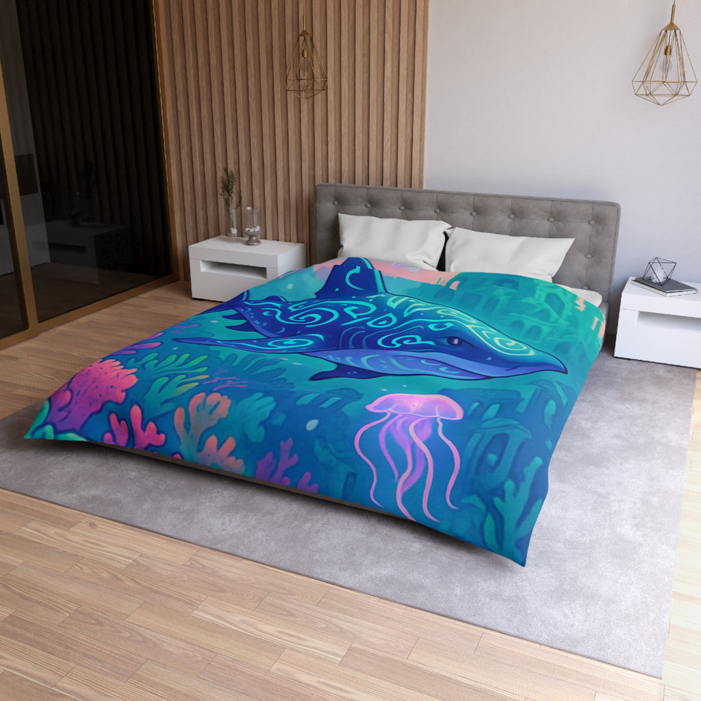 Housse de couette océan fantastique avec requin luminescent et méduses colorées