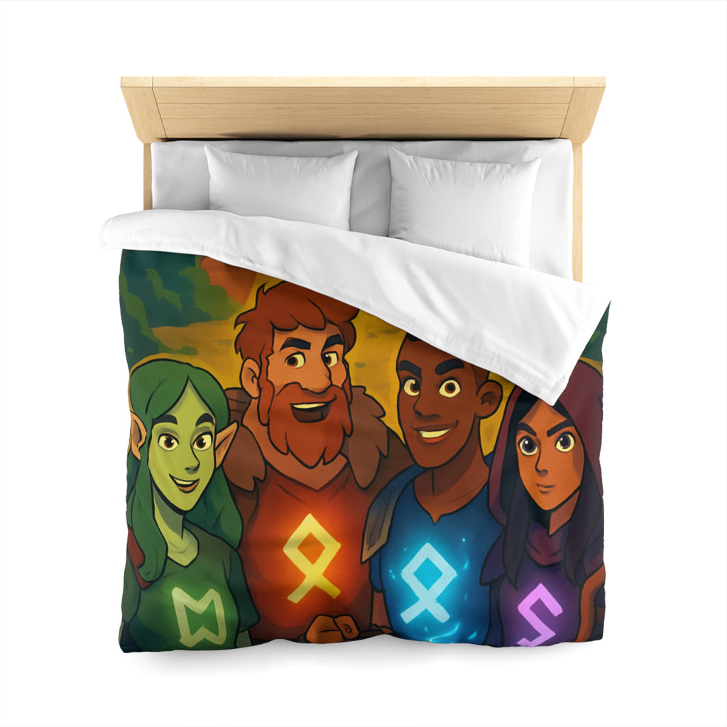 Housse de couette vibrant avec aventure illustrée de quatre héros devant un ancien temple