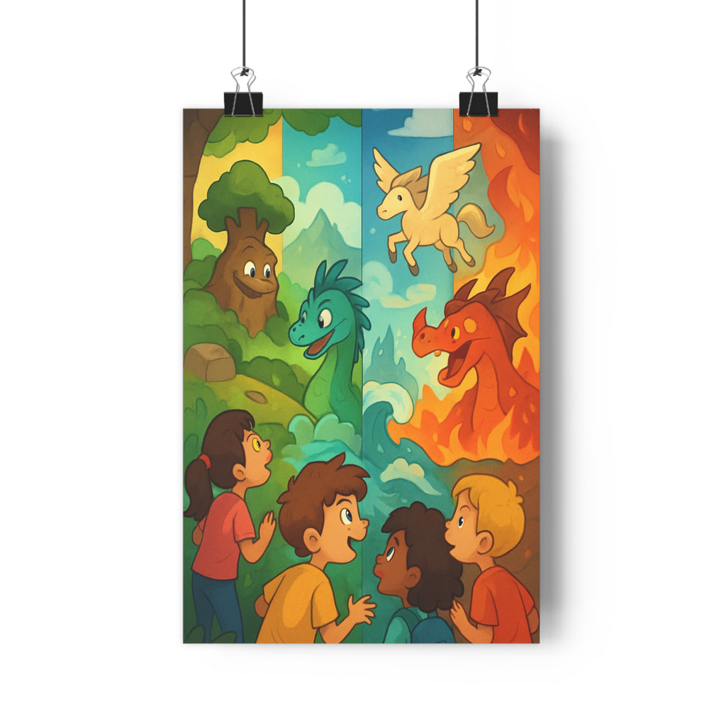 Poster décoratif cartoon vibrant joyeux enfant terre eau air feu aventure dessin animé ambiance