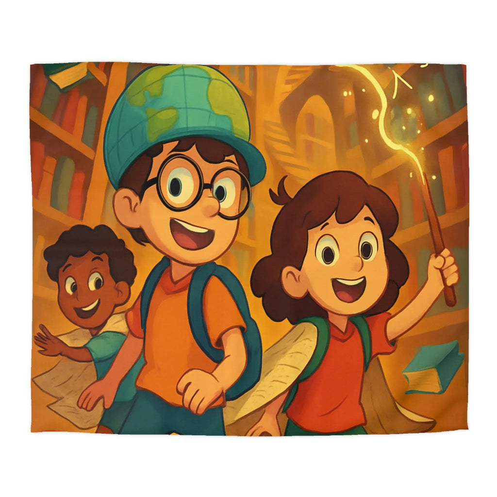 Housse de couette magique avec enfants explorant une bibliothèque enchantée et livres volants