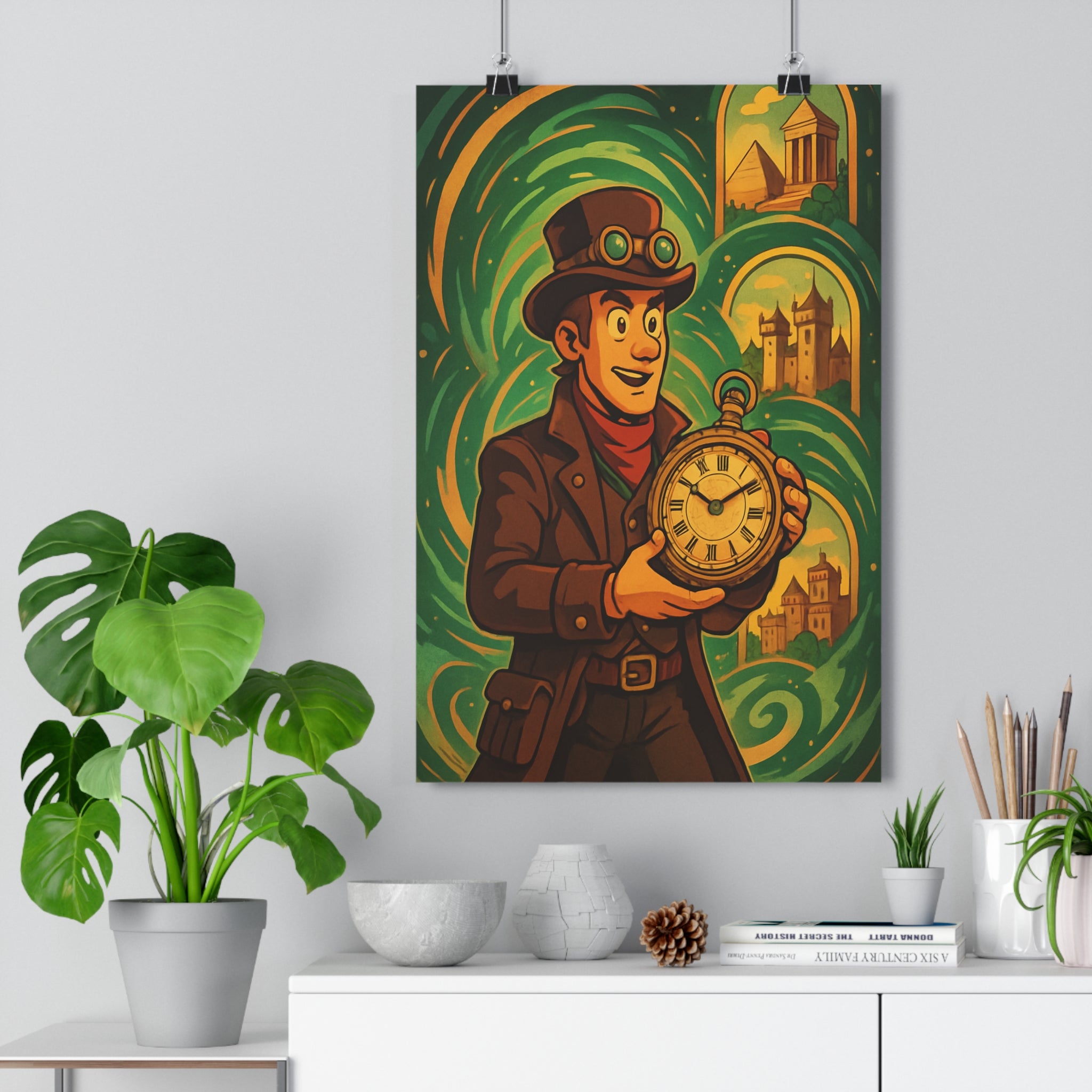 Poster décoratif cartoon steampunk aventure vert doré mystère salon chambre bureau tendance vintage qualité