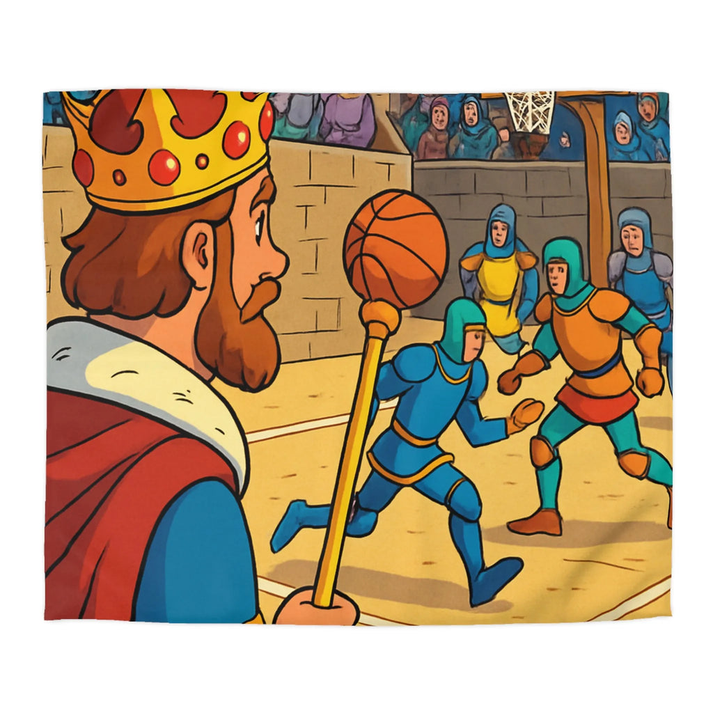 Housse de couette médiévale originale avec chevaliers jouant au basket dans un château