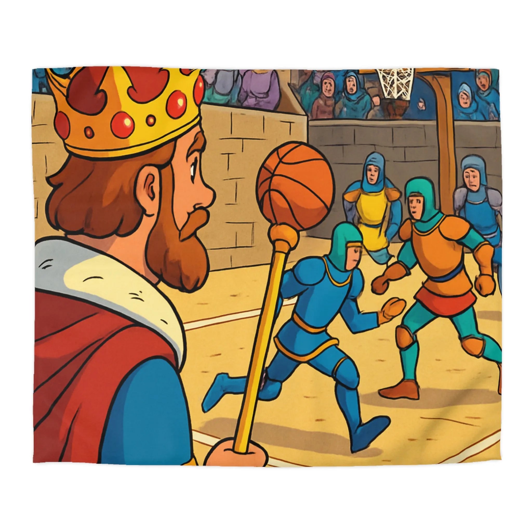 Housse de couette médiévale originale avec chevaliers jouant au basket dans un château