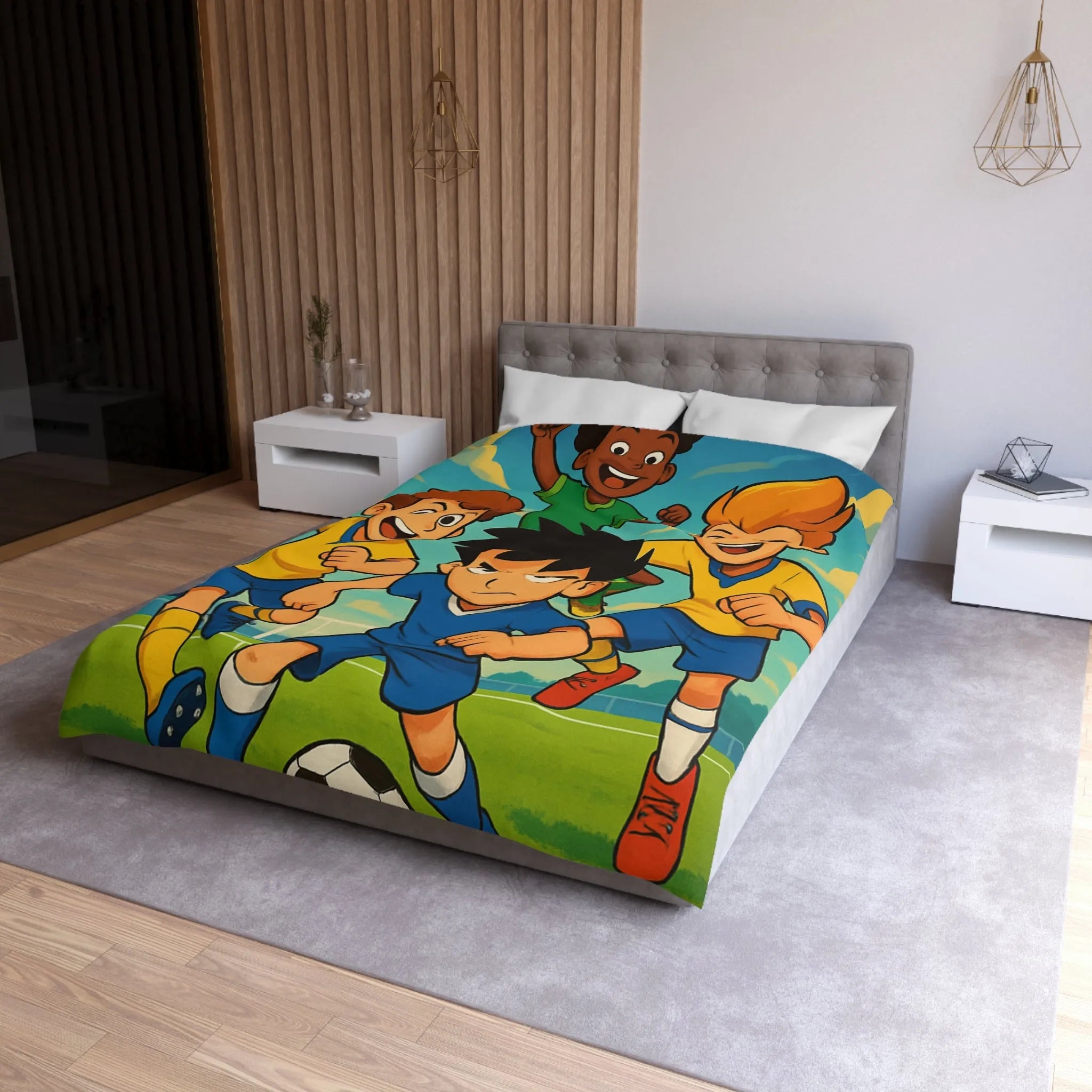 Housse de couette football enthousiaste pour enfants avec joueurs en action et ciel bleu