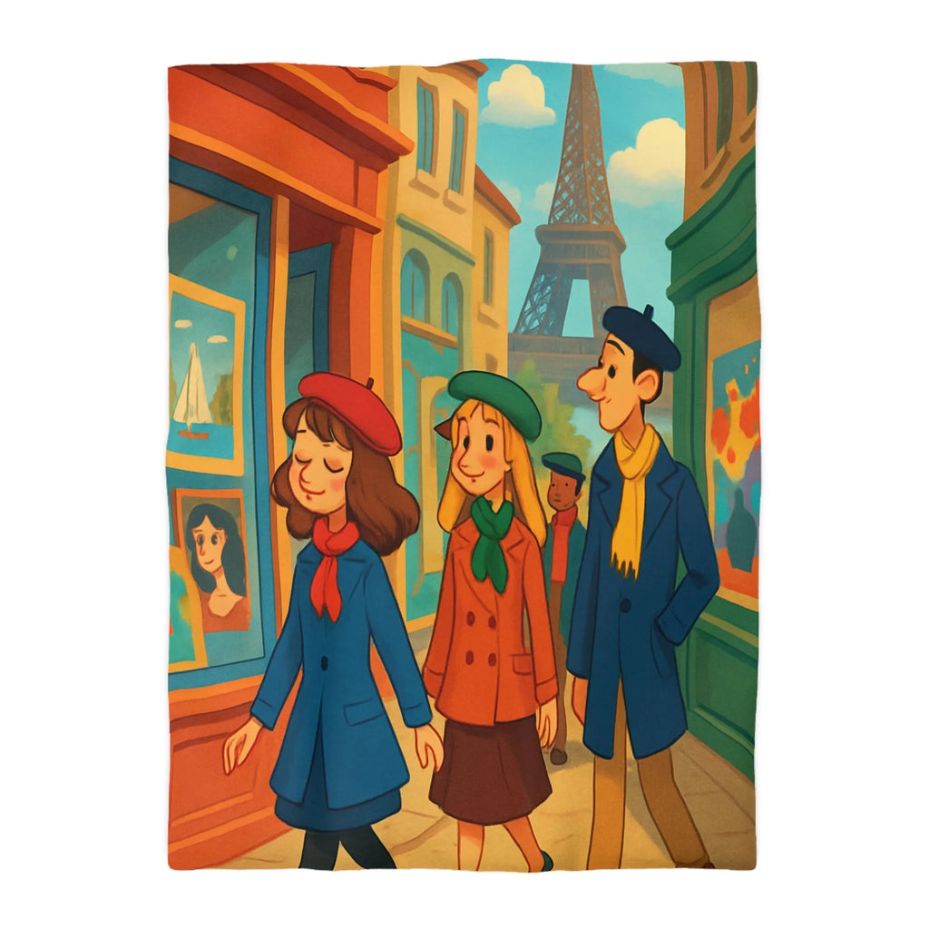 Housse de couette illustrée Paris promenade style rétro avec amis et Tour Eiffel