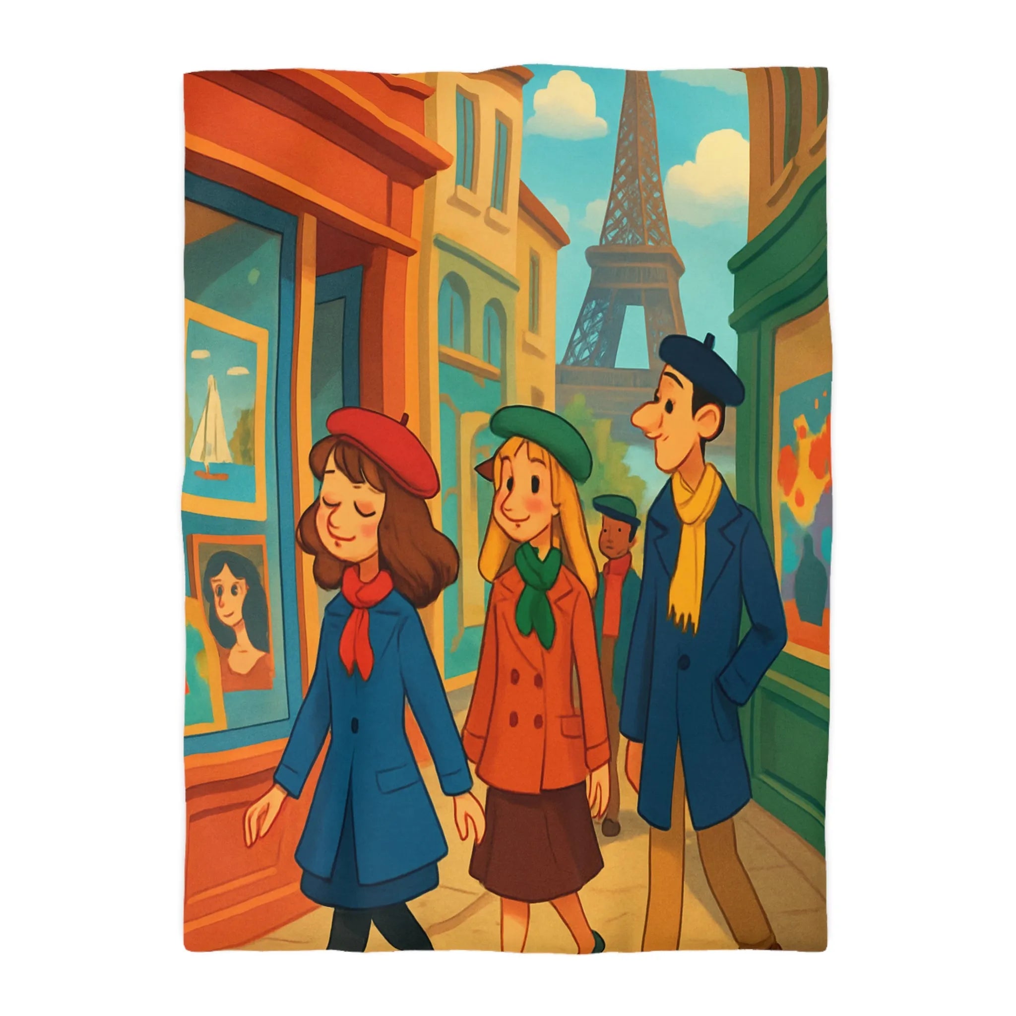 Housse de couette illustrée Paris promenade style rétro avec amis et Tour Eiffel