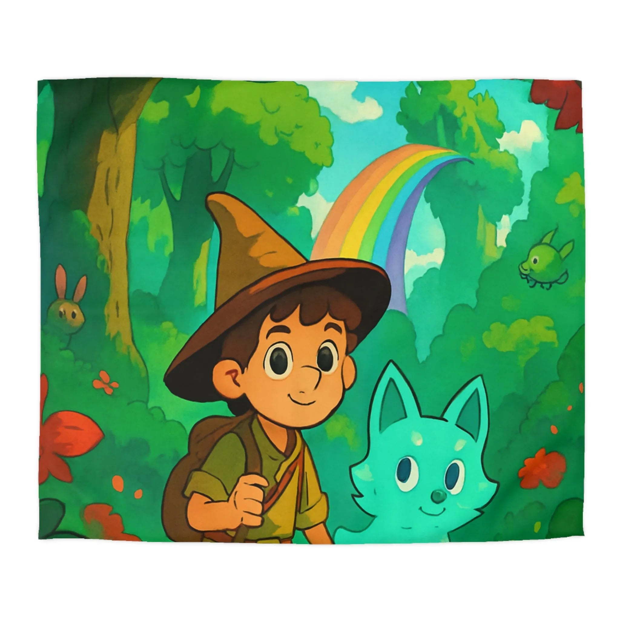 Housse de Couette Enfant avec Petit Sorcier et Animal Magique sous Arc-en-ciel