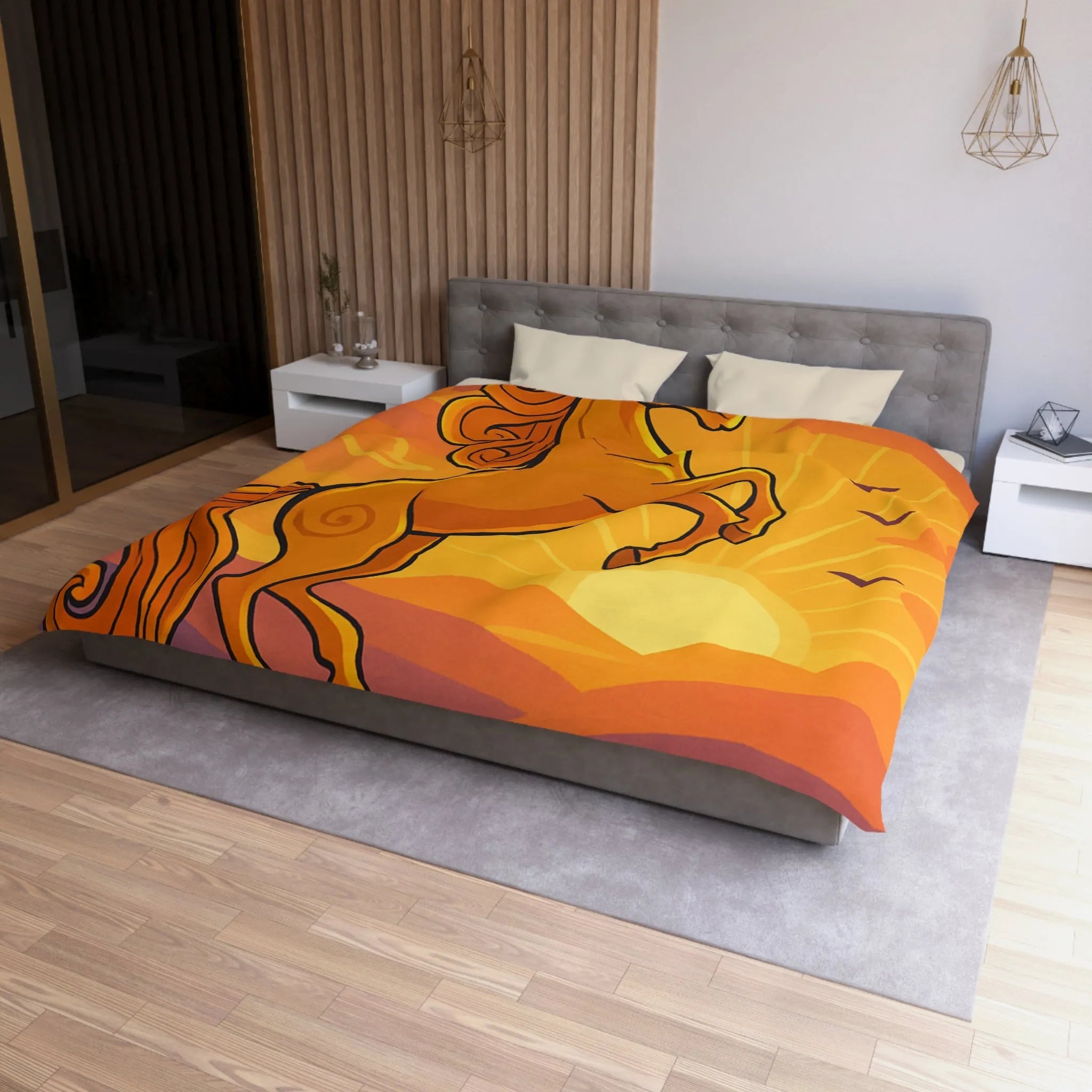 Housse de Couette Équestre Colorée : Cheval Cabré au Coucher de Soleil Artistique