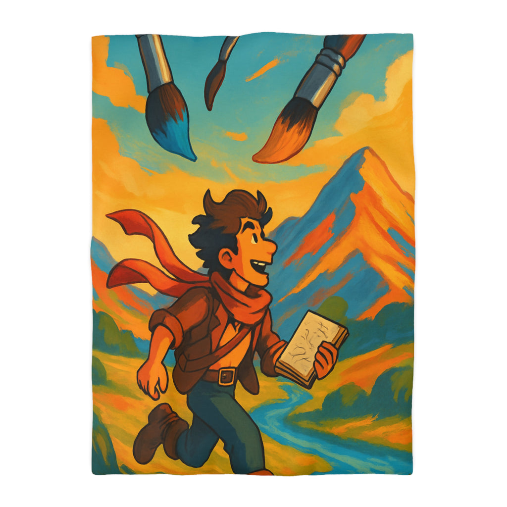 Housse de couette vibrante avec illustration de paysage montagnard et artiste joyeux