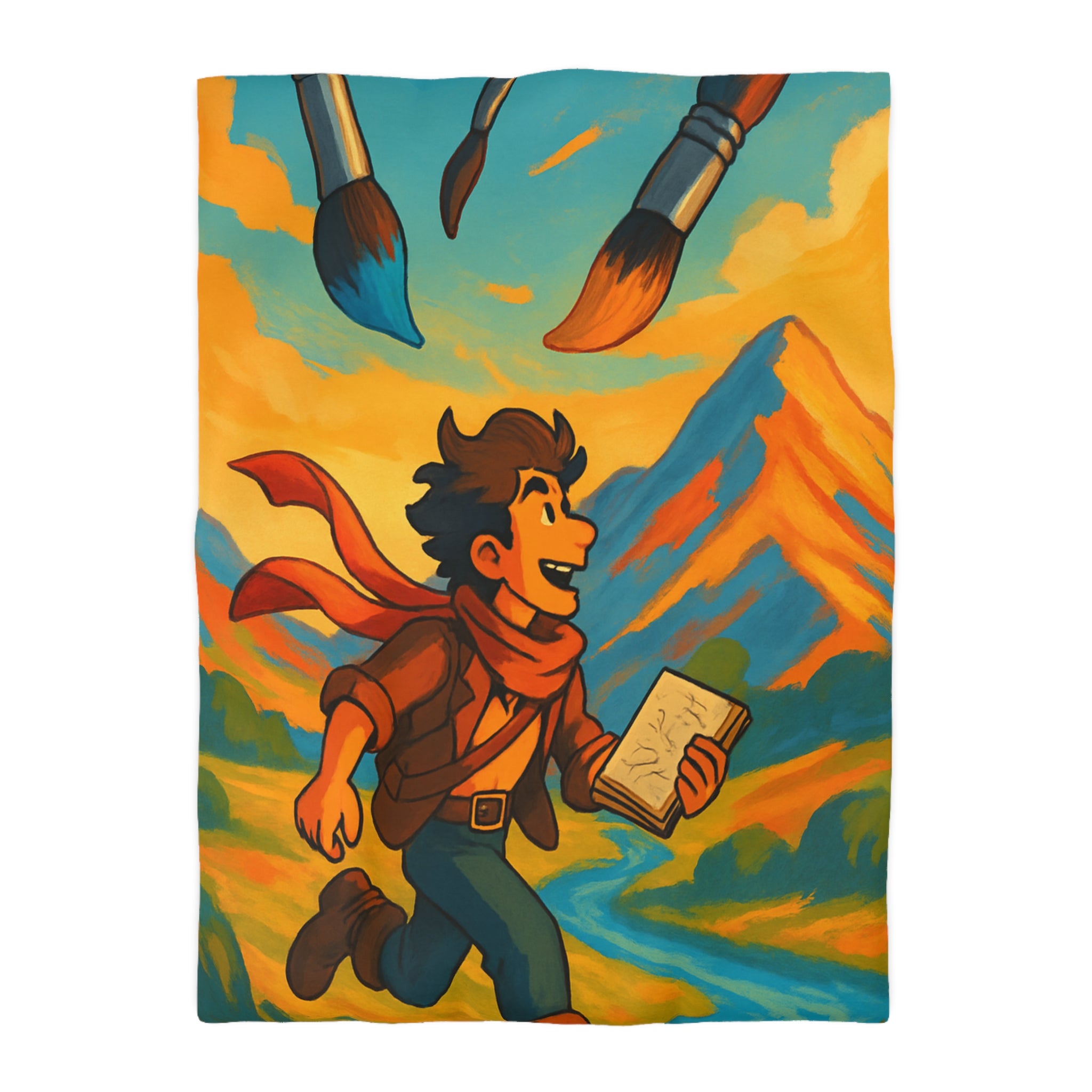 Housse de couette vibrante avec illustration de paysage montagnard et artiste joyeux