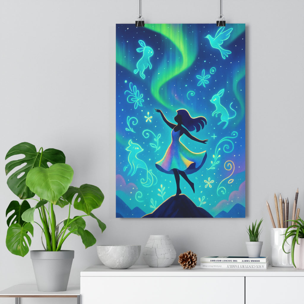 Poster décoratif onirique dessin animé pastel féminin colline animaux fleurs magique ciel nocturne chambre