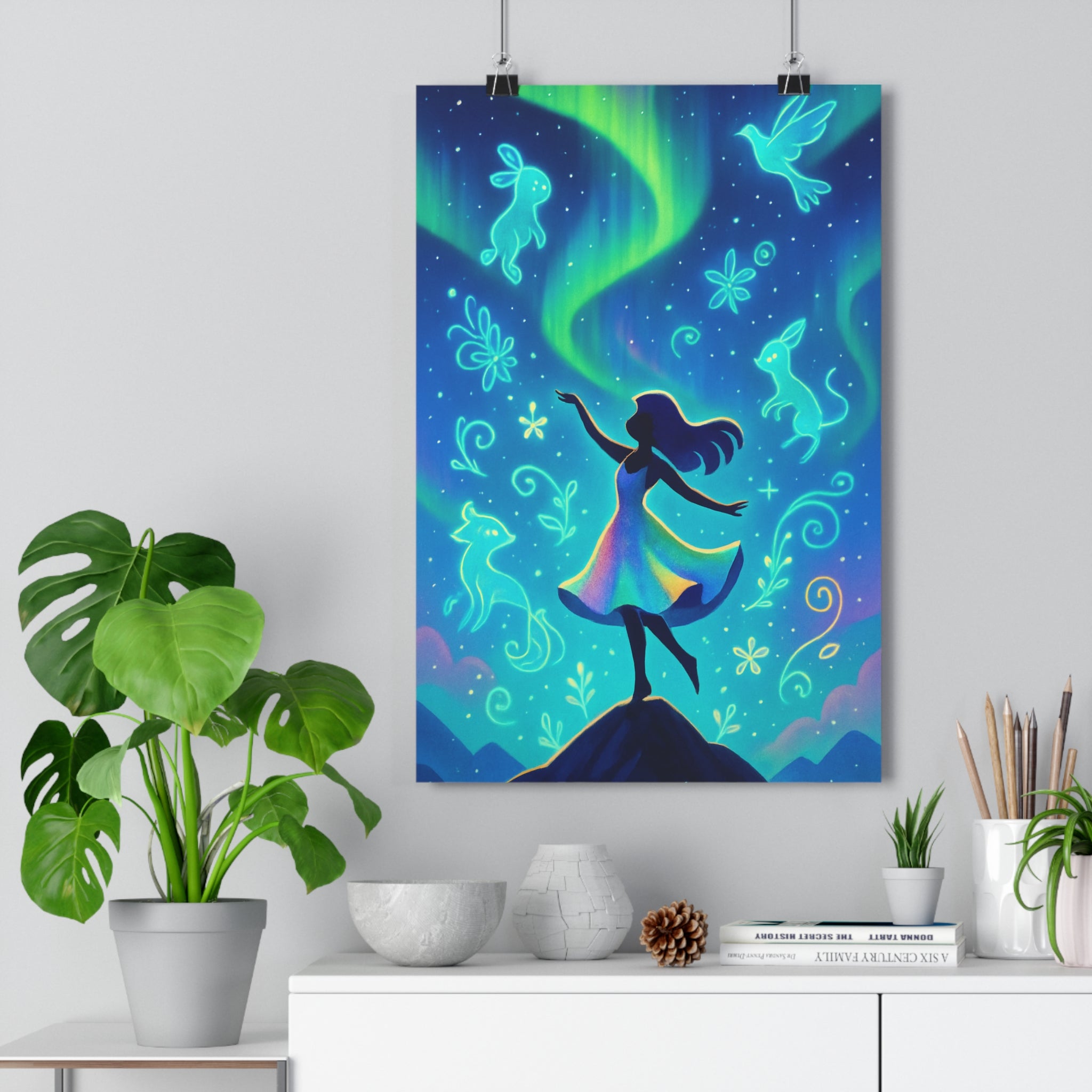 Poster décoratif onirique dessin animé pastel féminin colline animaux fleurs magique ciel nocturne chambre