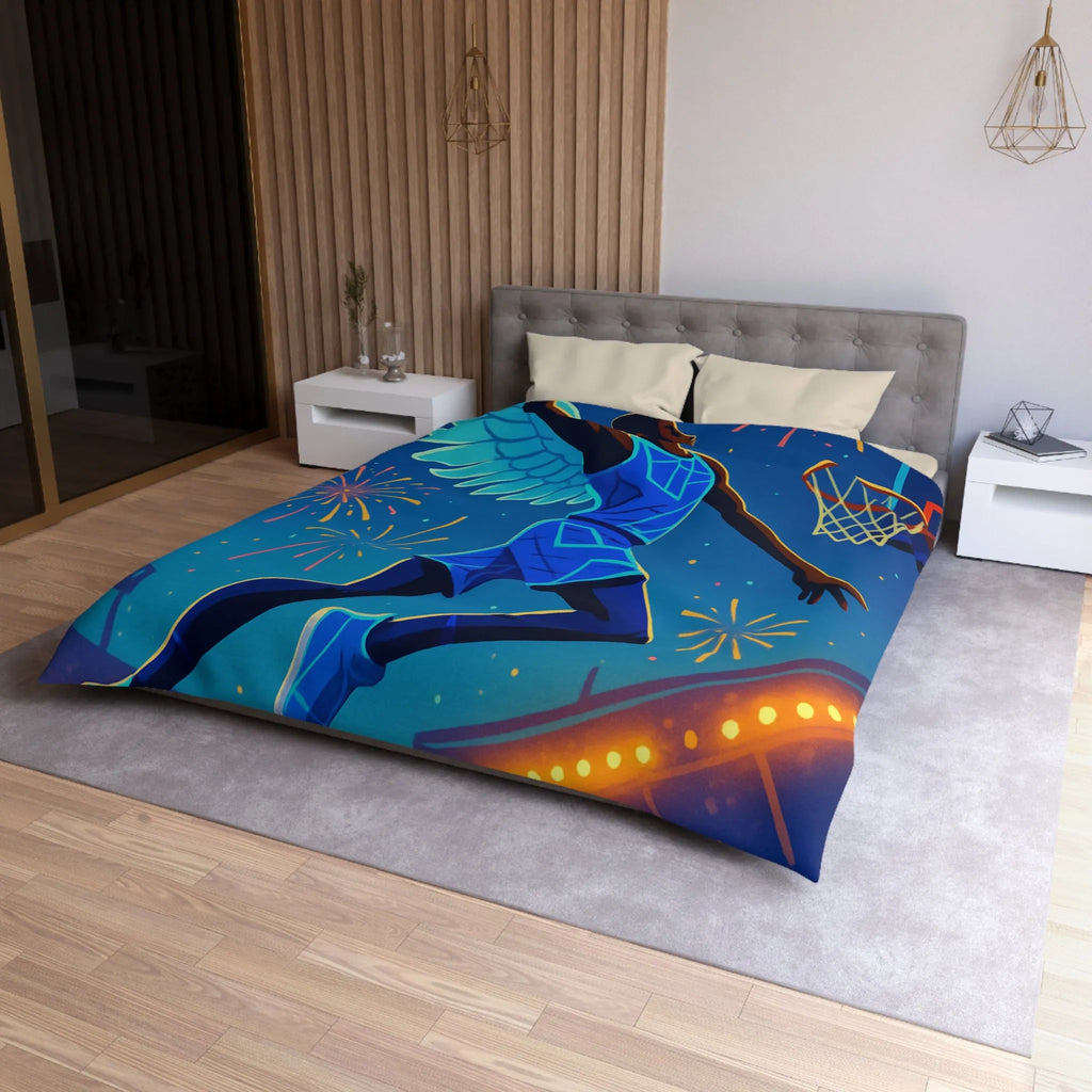 Housse de couette avec joueur de basket volant sous un ciel étoilé lumineux