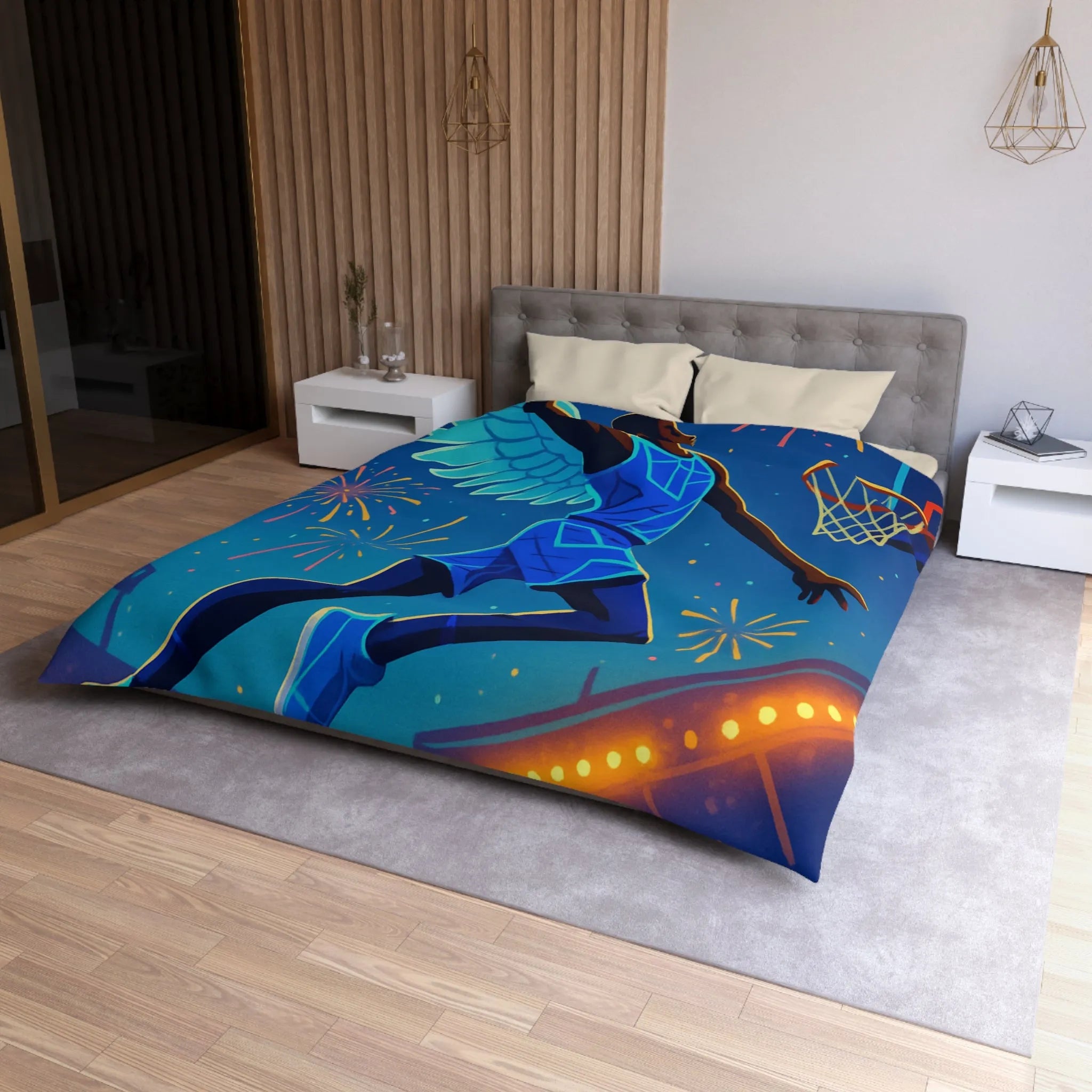 Housse de couette avec joueur de basket volant sous un ciel étoilé lumineux