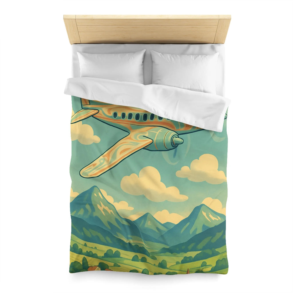 Housse de couette illustrée avion vintage survolant vallée montagneuse ensoleillée et paisible
