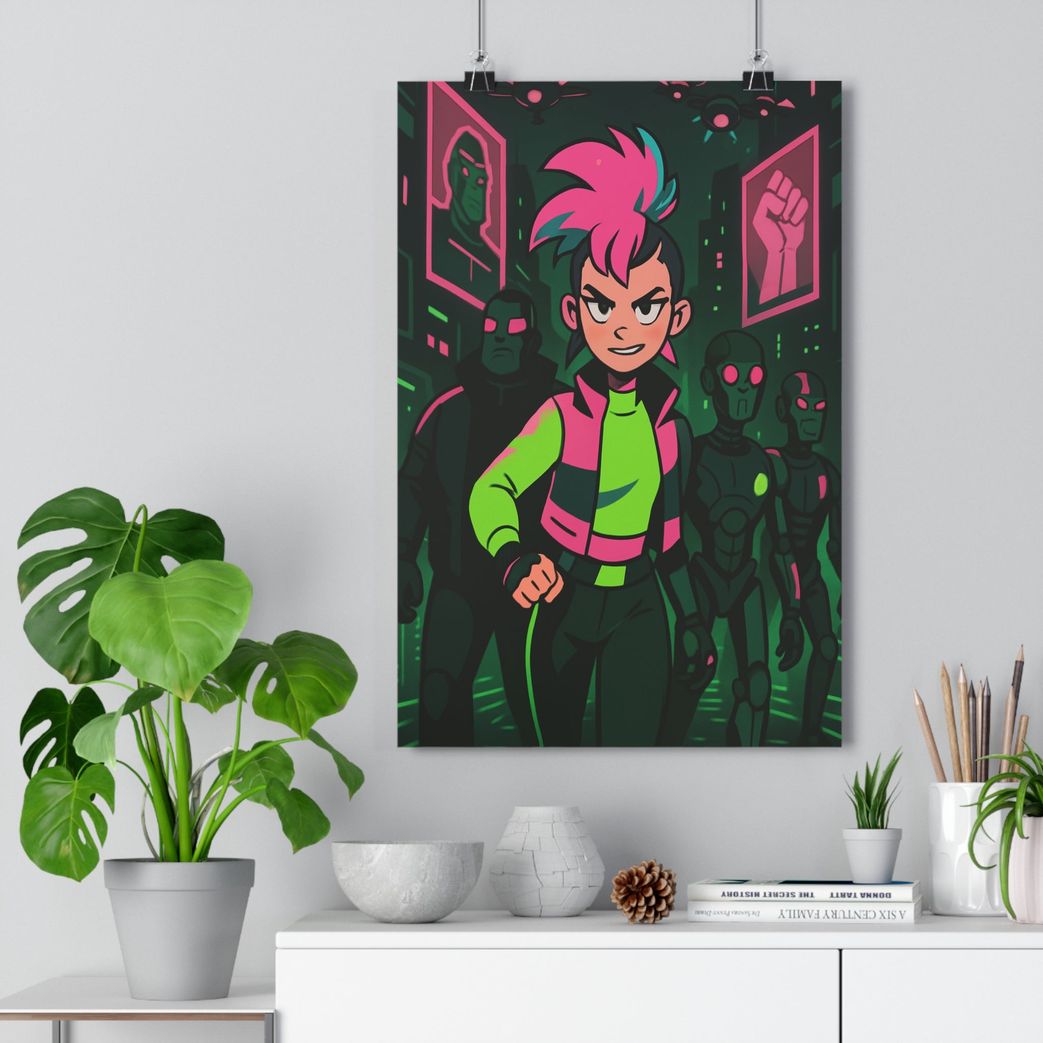 Poster décoratif cyberpunk néon rose vert animé futuriste ambiance révolution salon chambre design tendance