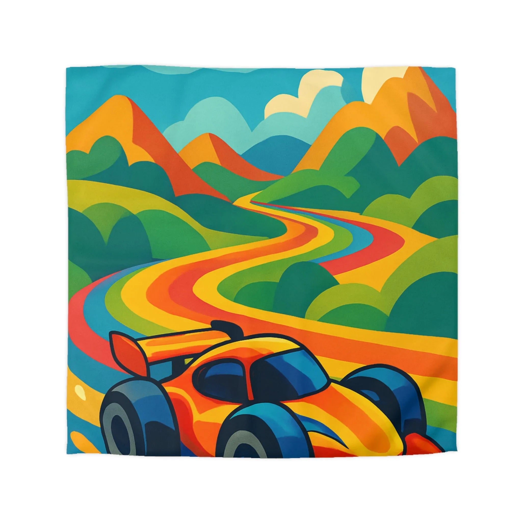 Housse de Couette Colorée avec Voiture de Course et Collines Arc-en-ciel Ensoleillées