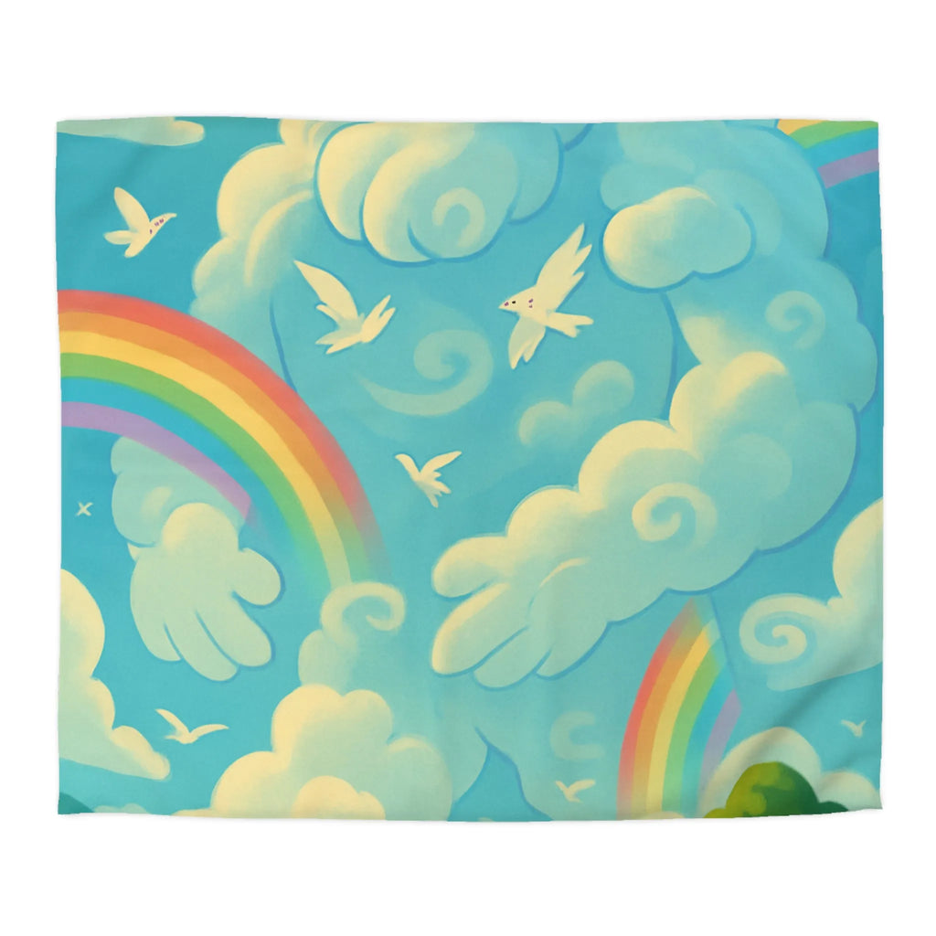 Housse de couette colorée nuageux avec ciel ensoleillé, arc-en-ciel et oiseaux blancs
