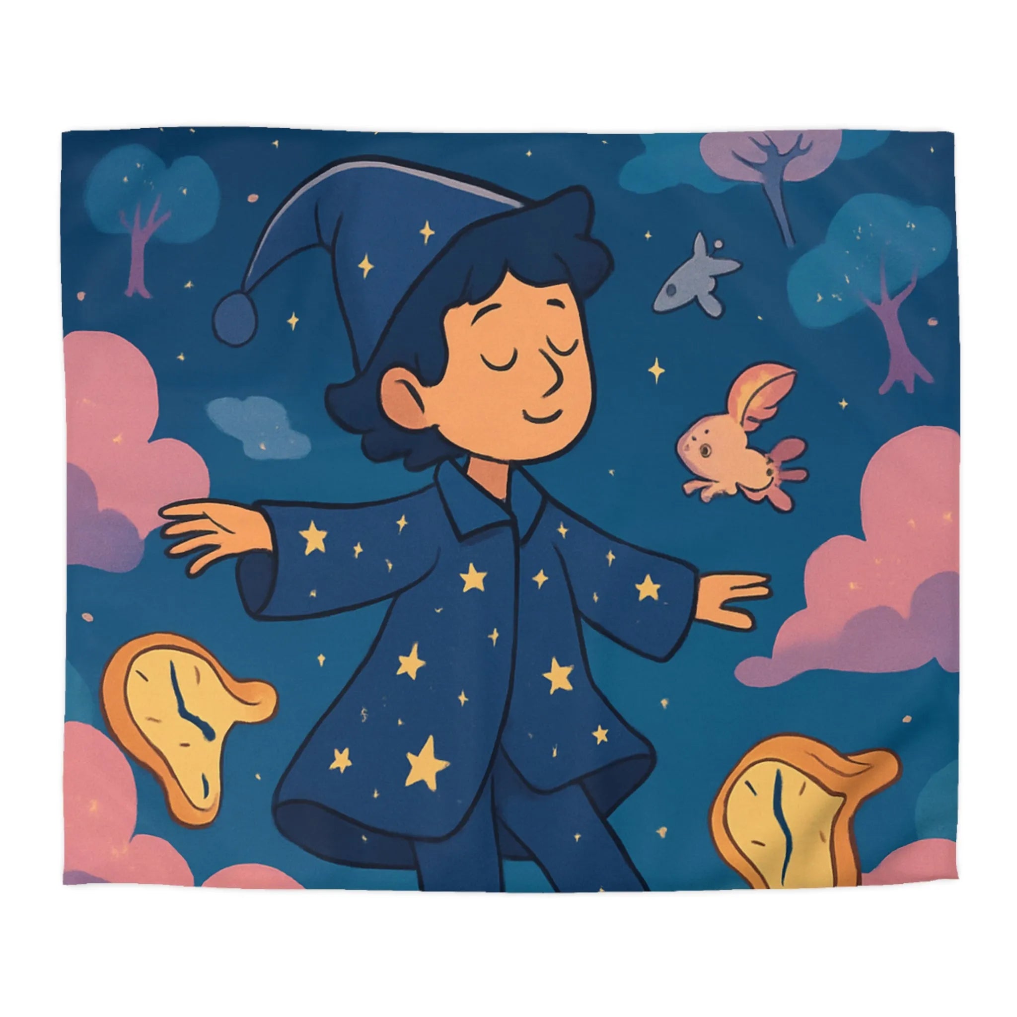 Housse de couette magique avec sorcier enfant rêvant de créatures volantes lunaires