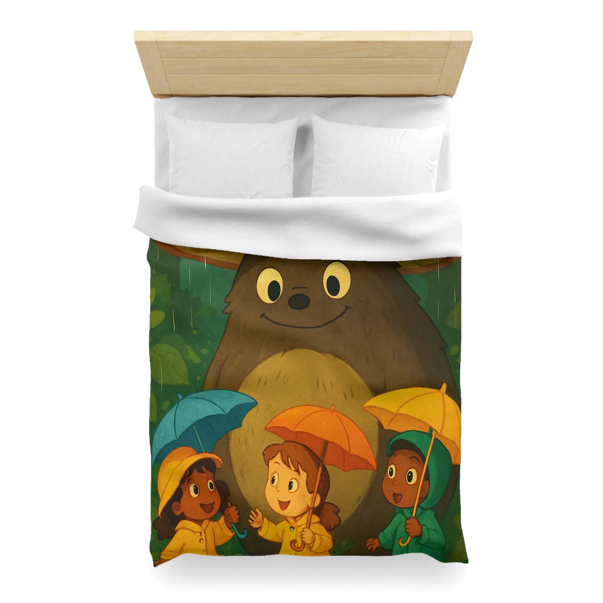 Housse de couette enfant avec ours sous champignon et enfants joyeux en forêt