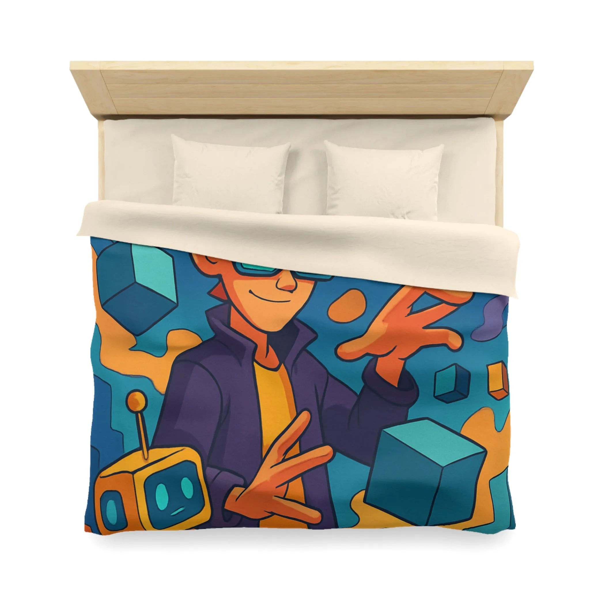 Housse de Couette Colorée avec Design Futuriste et Personnage Geek Jouant avec Cubes