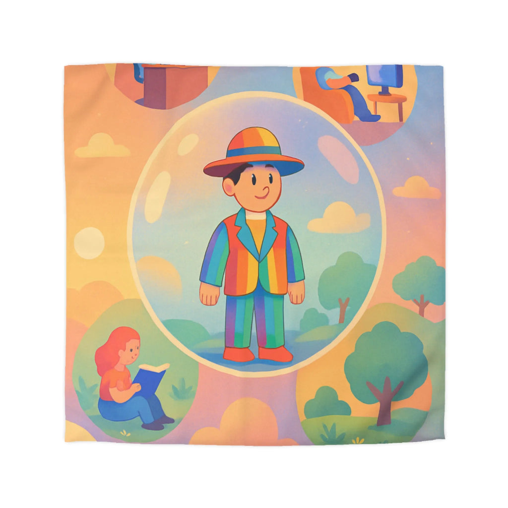 Housse de couette aux motifs rêveurs de personnages dans des bulles colorées et apaisantes