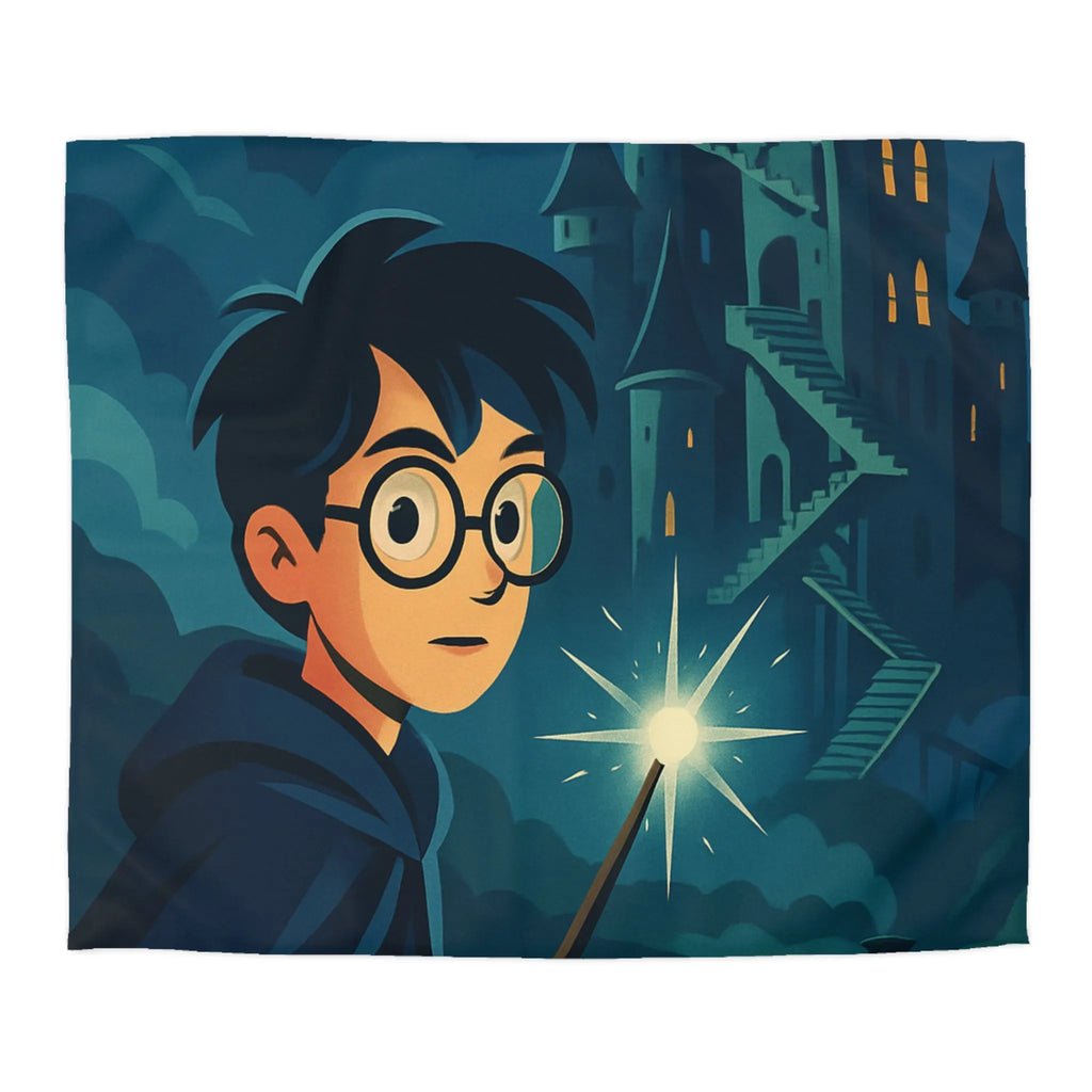 Housse de couette magique avec garçon, château mystérieux et train dans la nuit étoilée