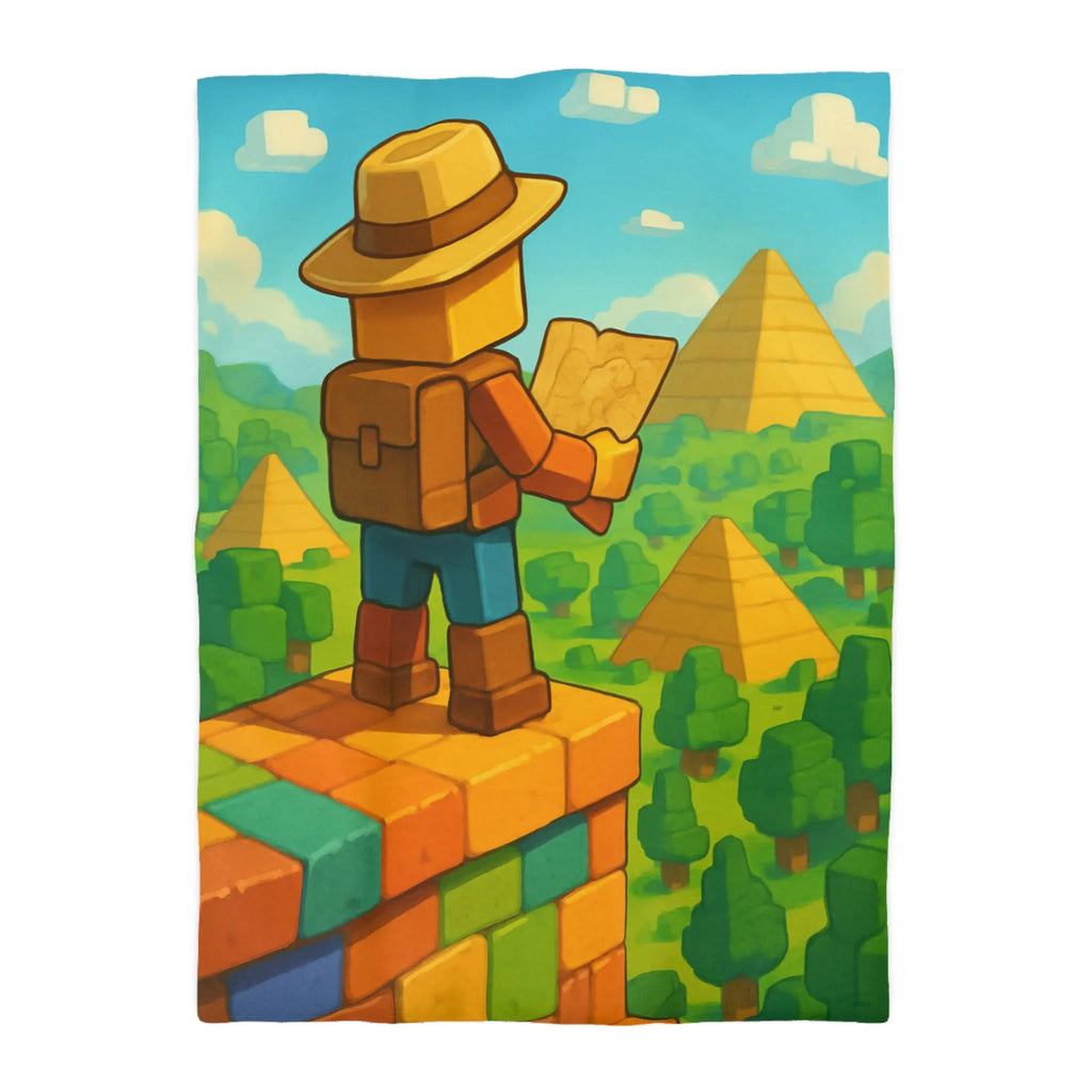 Housse de Couette Ludique Aventure Pixelisée Explorateur Carte Forêt Pyramide Enfant