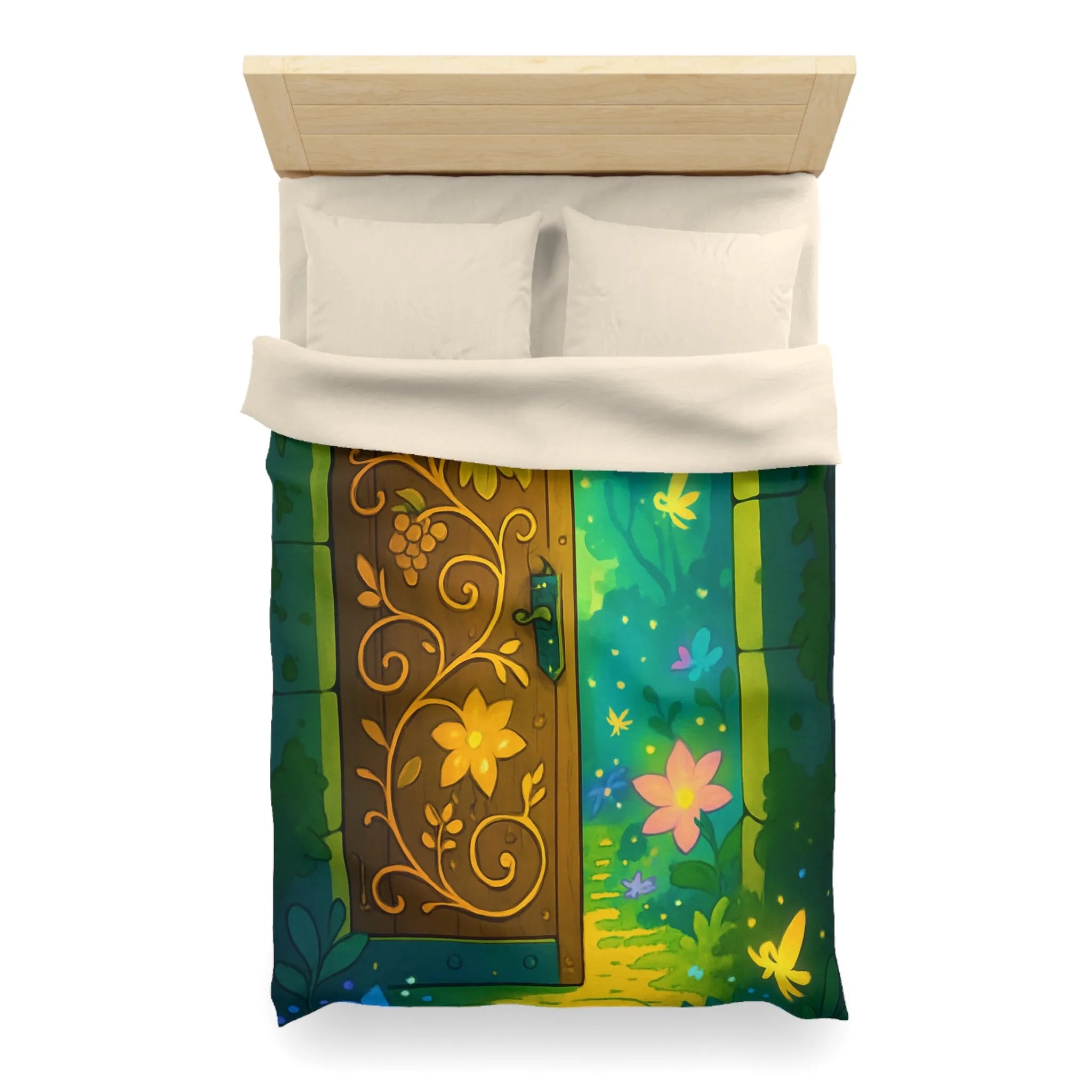 Housse de couette magique avec motif de porte mystique illuminée et papillons colorés