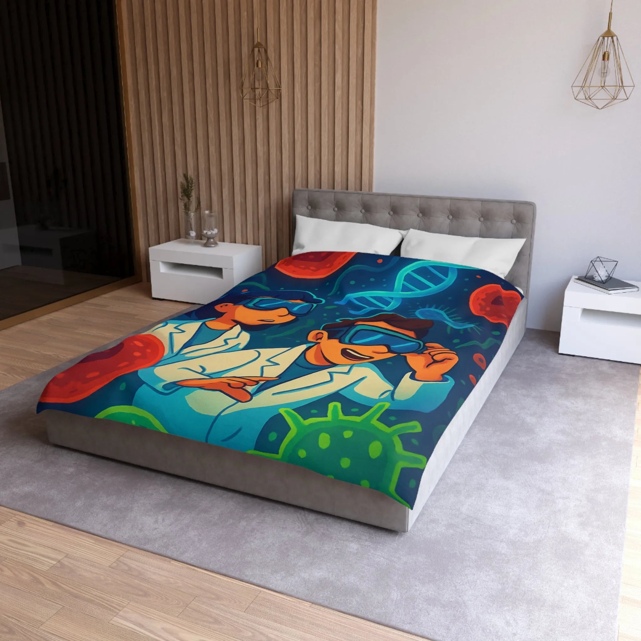 Drap housse scientifique ludique avec chercheurs et microbes éclatants en couleurs vibrantes et vives