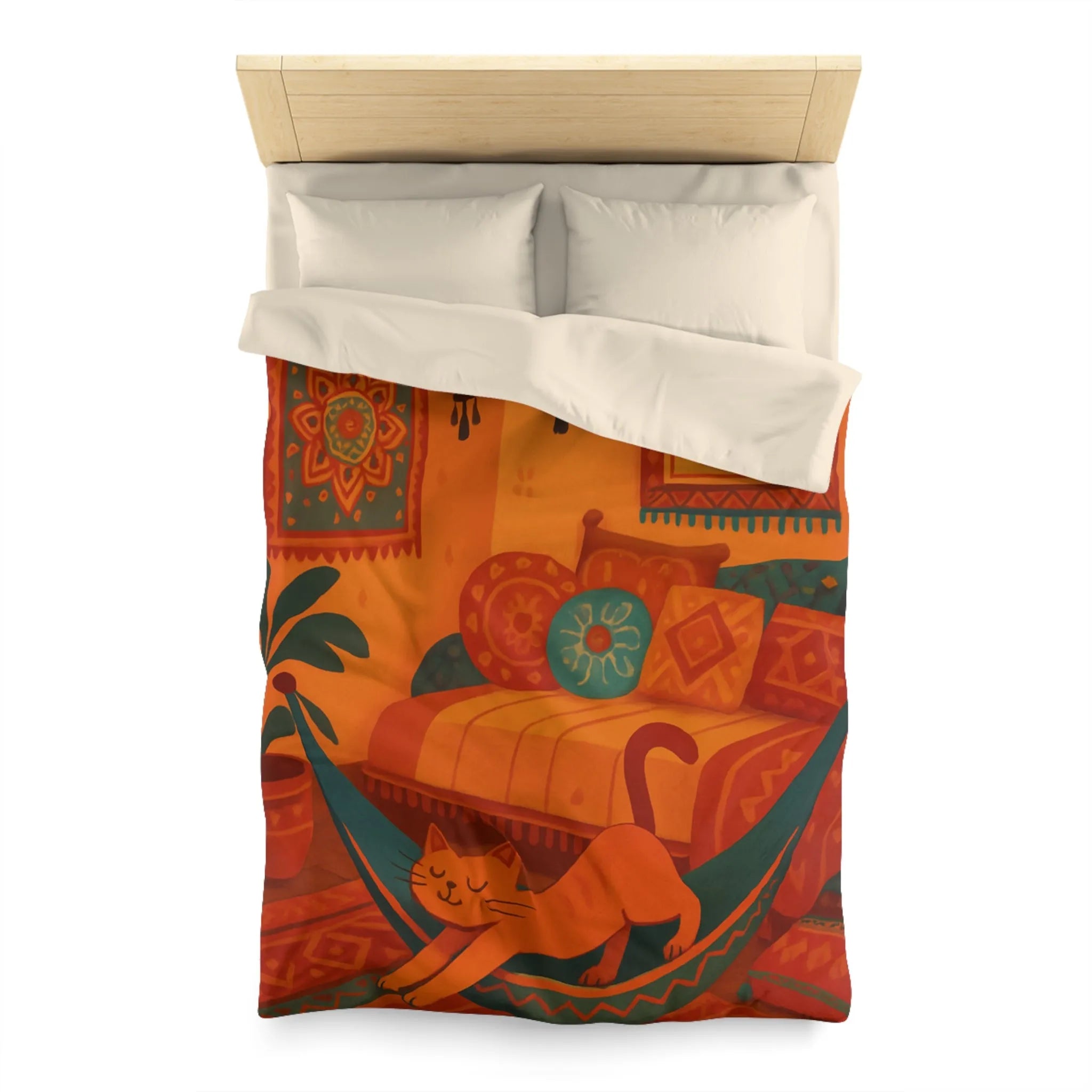 Housse de couette bohème avec motifs mandala et chat dans des tons chauds