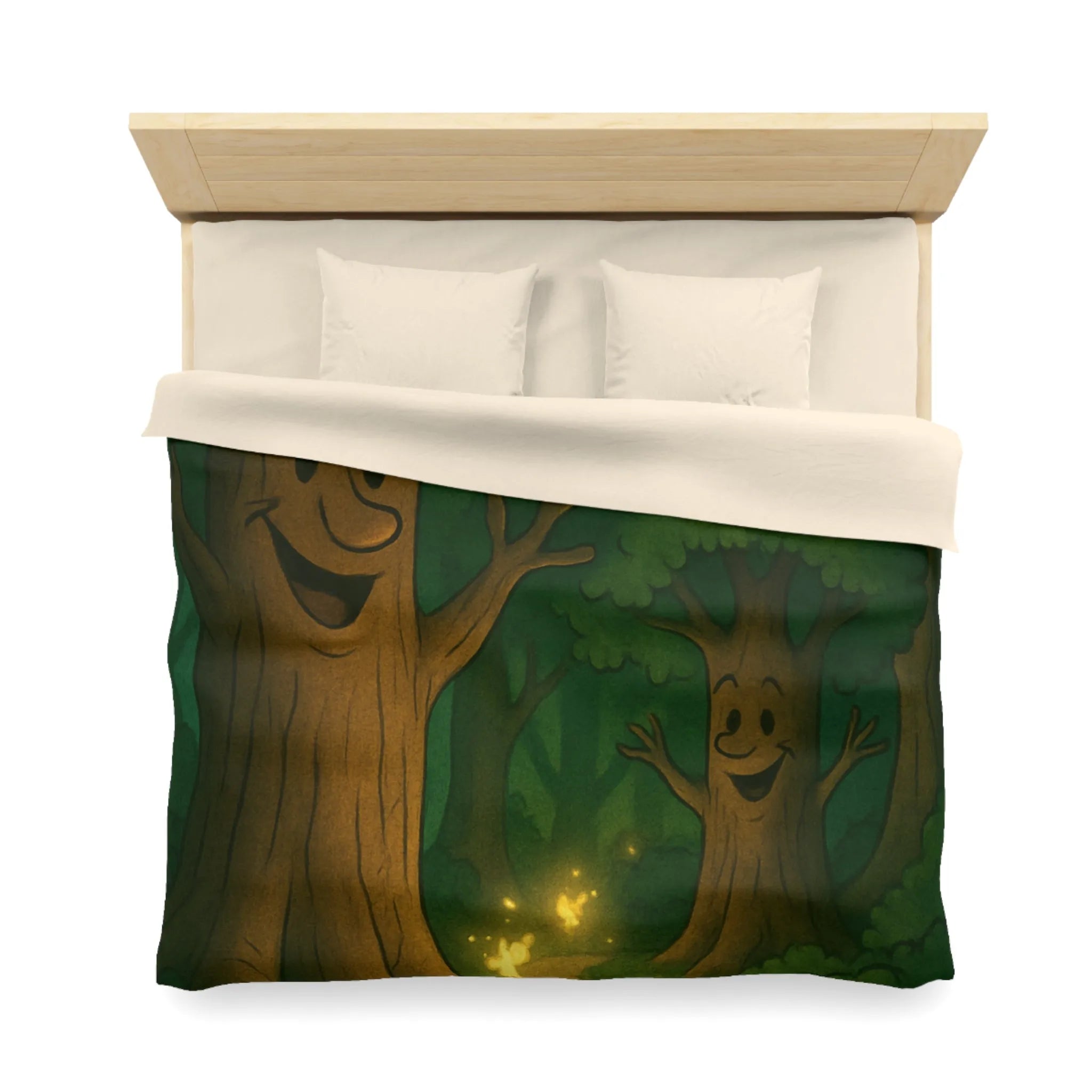 Enchanting Cartoon Forest Scene with Smiling Trees and Glowing Fireflies at Night