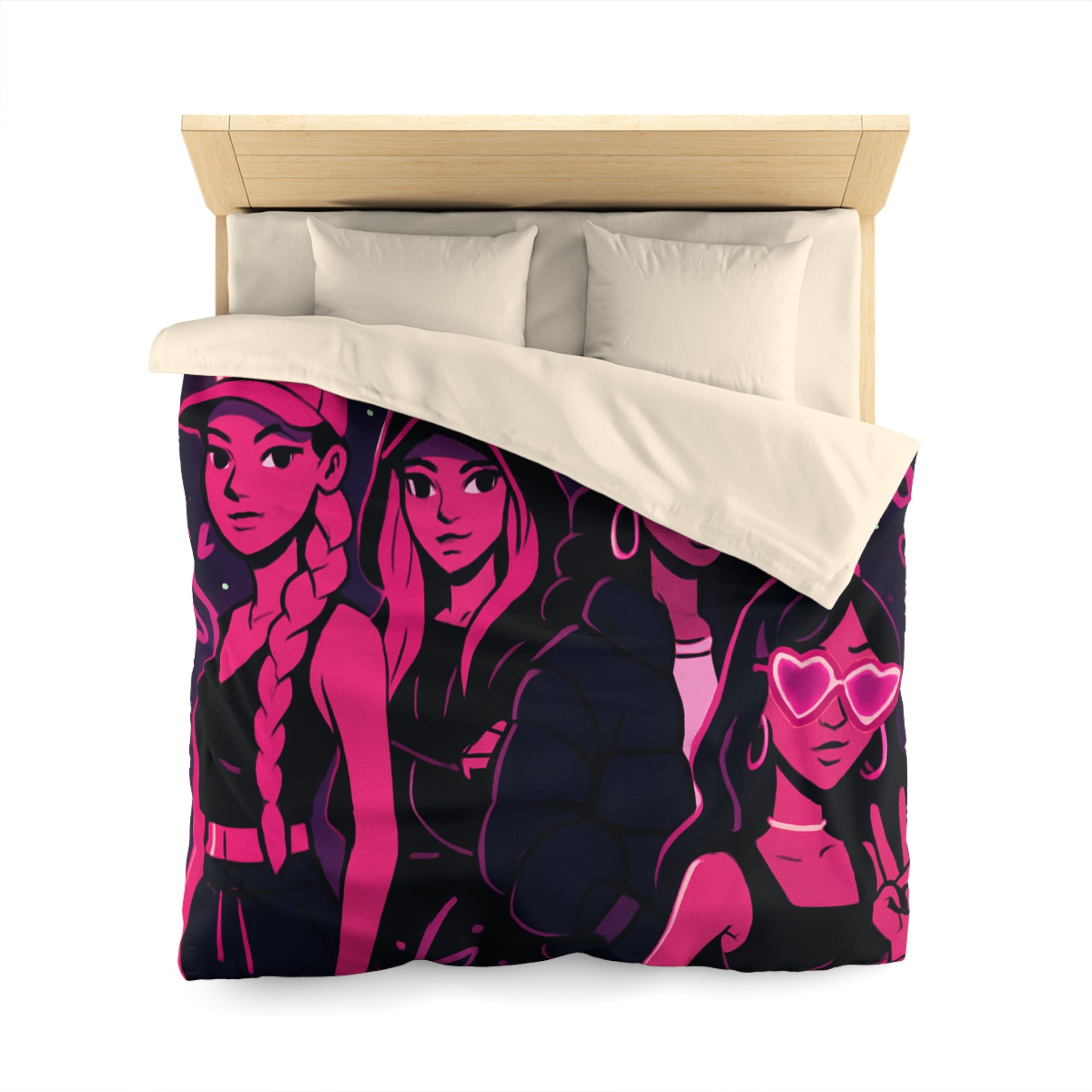 Housse de couette urbaine avec silhouettes féminines et motifs fluorescents nuit étoilée