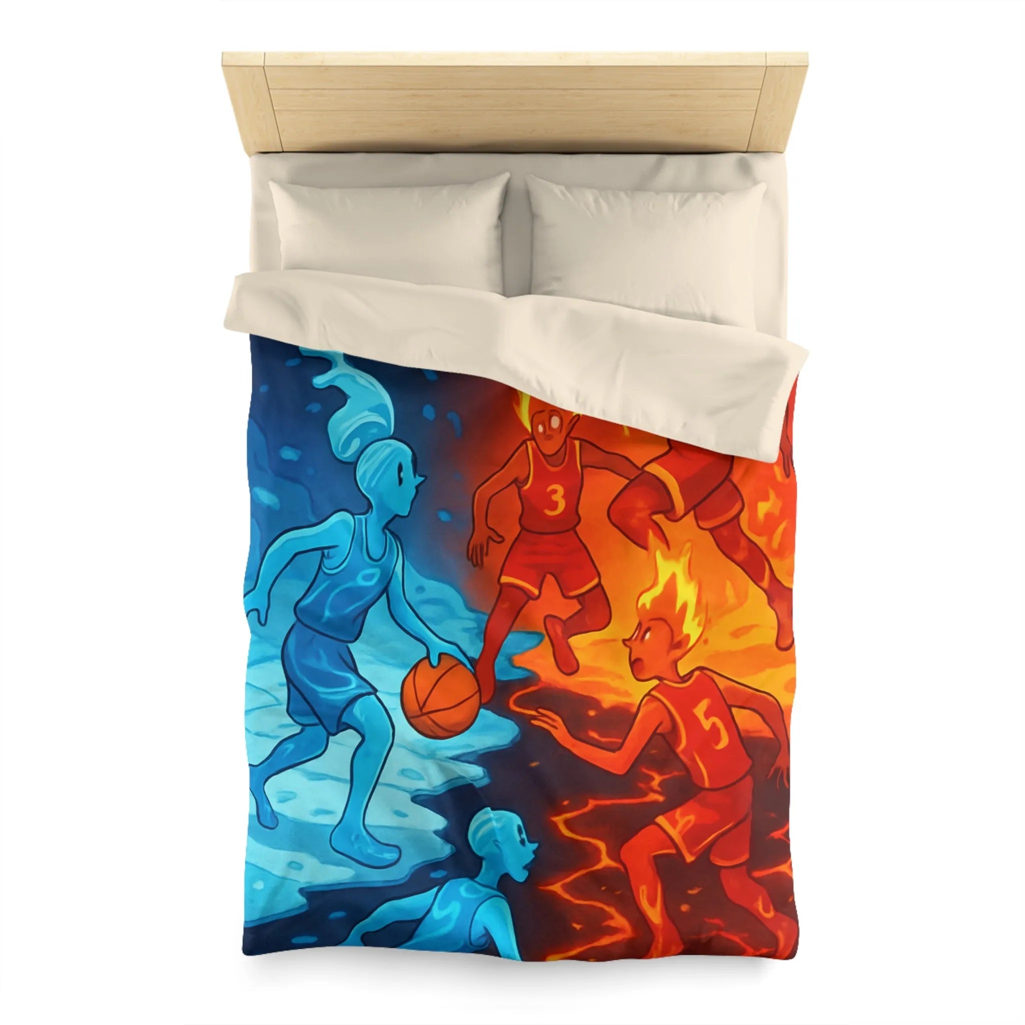 Housse de couette avec design artistique de basketball feu et glace spectaculaire