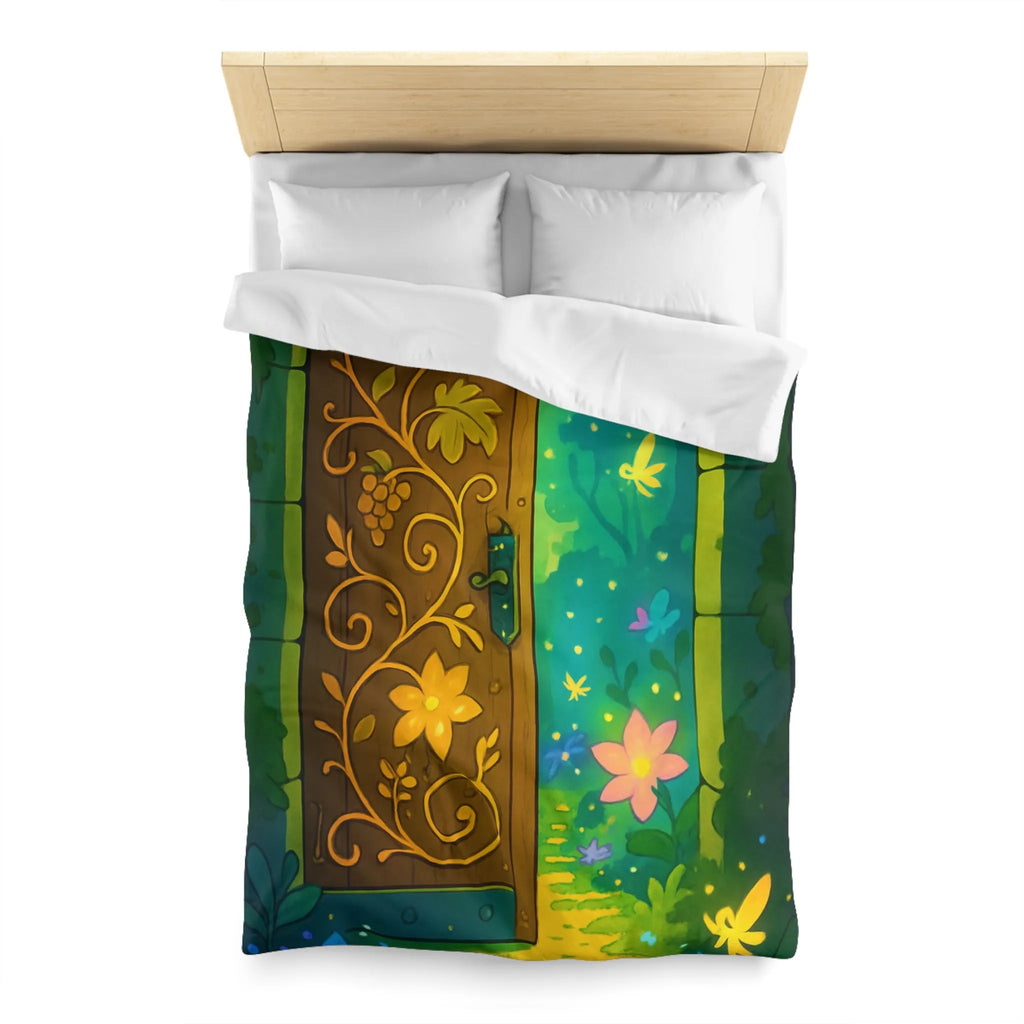 Housse de couette magique avec motif de porte mystique illuminée et papillons colorés