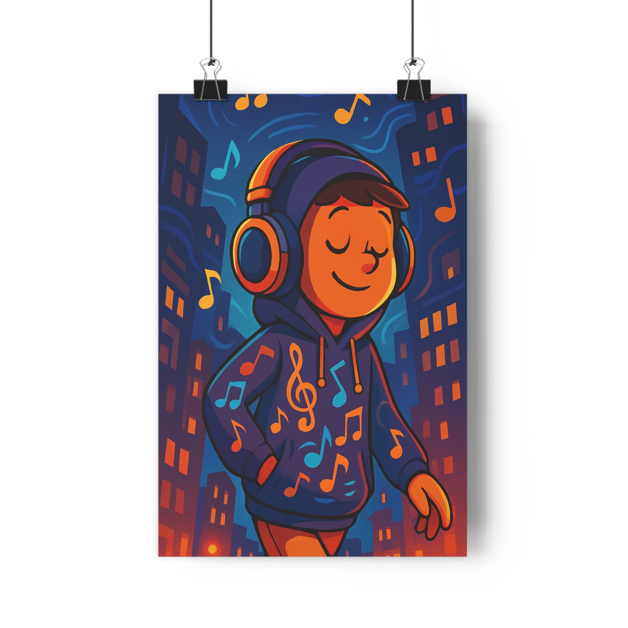 Poster décoratif personnage écoute musique cartoon bleu orange ambiance joyeuse chambre salon vibrant moderne