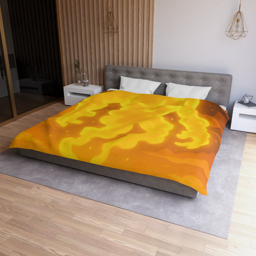 Vision onirique d'un géant flamboyant illuminant un paysage crépusculaire surréaliste en jaune