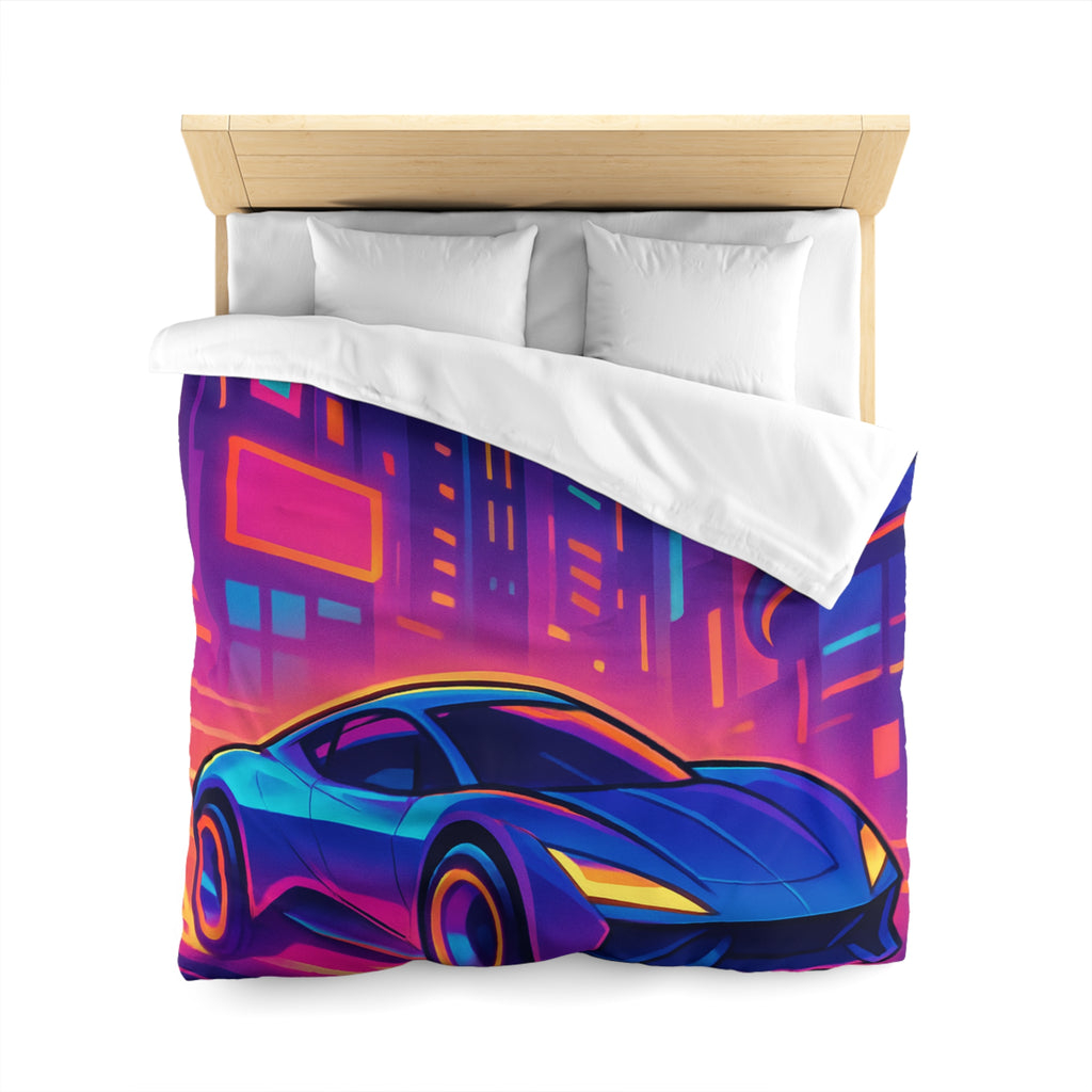 Housse de couette voiture néon sur fond de ville futuriste aux couleurs vibrantes