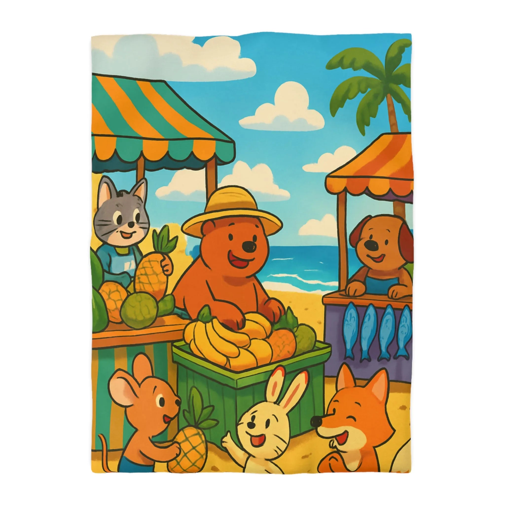 Housse de couette enfant avec animaux mignons sur plage et étals de fruits