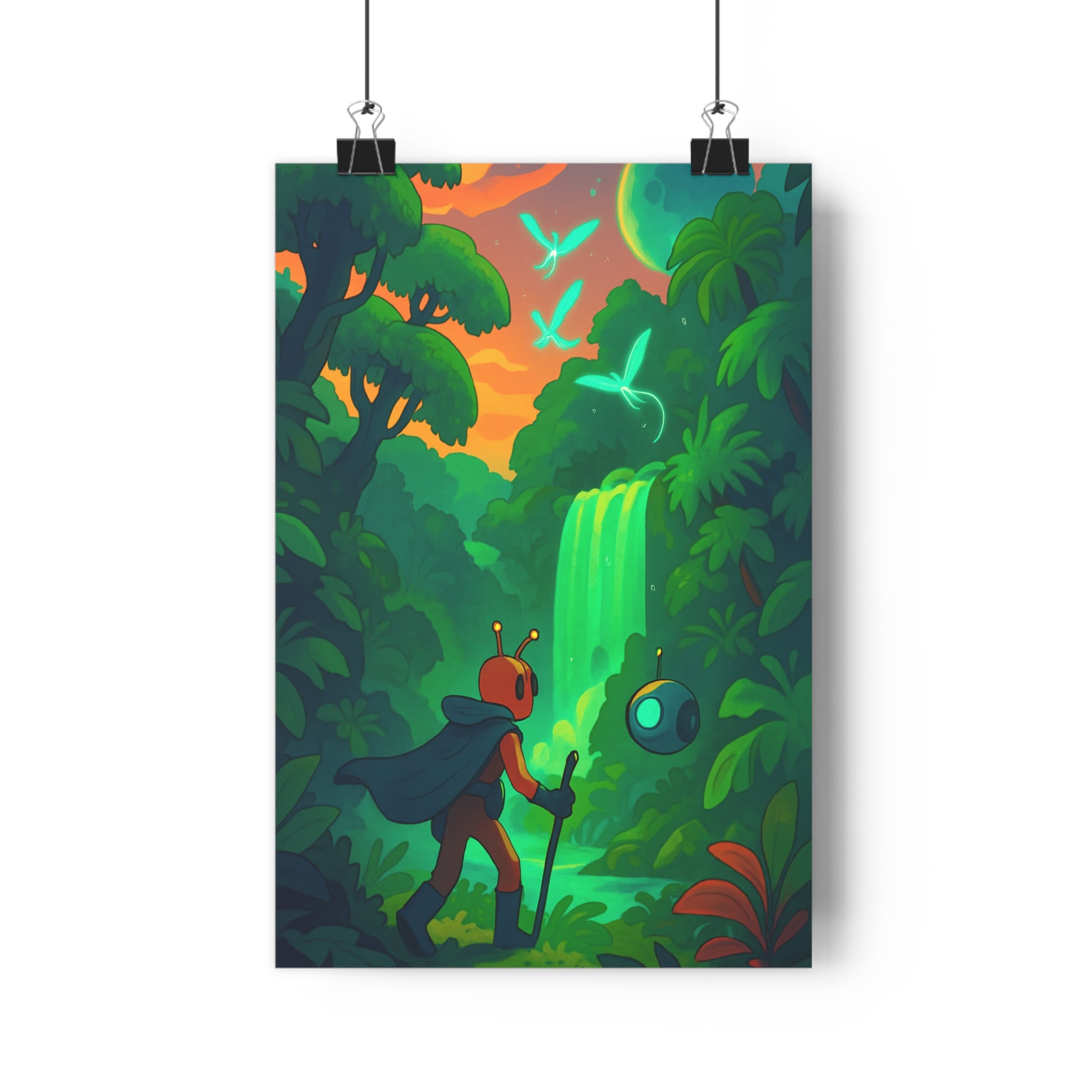 Poster décoratif vert émeraude futuriste cartoon aventure nature jungle salon chambre cascade lumière qualité