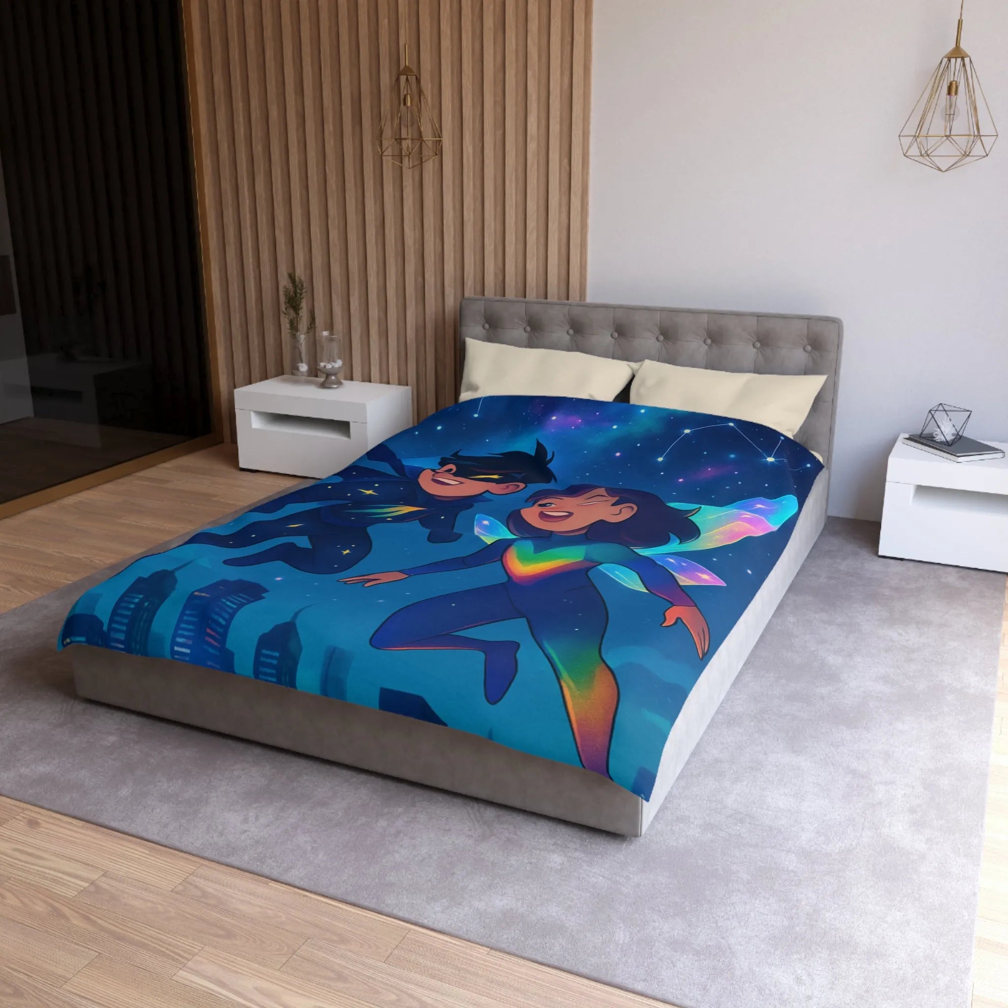 Housse de couette enfant illustrant super-héros lumineux volant au-dessus d’une ville étoilée