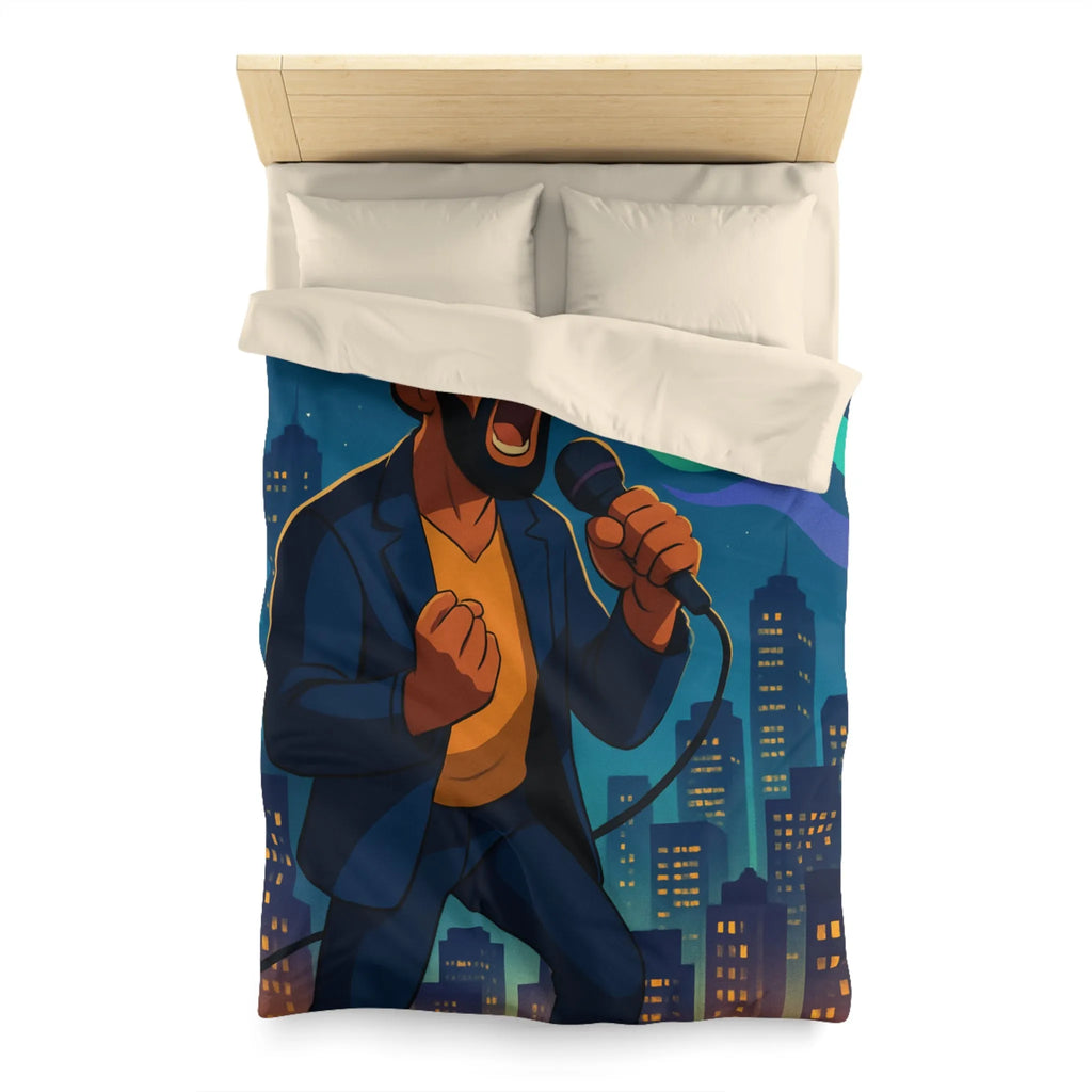 Housse de couette artistique : chanteur vibrant avec coucher de soleil et gratte-ciels